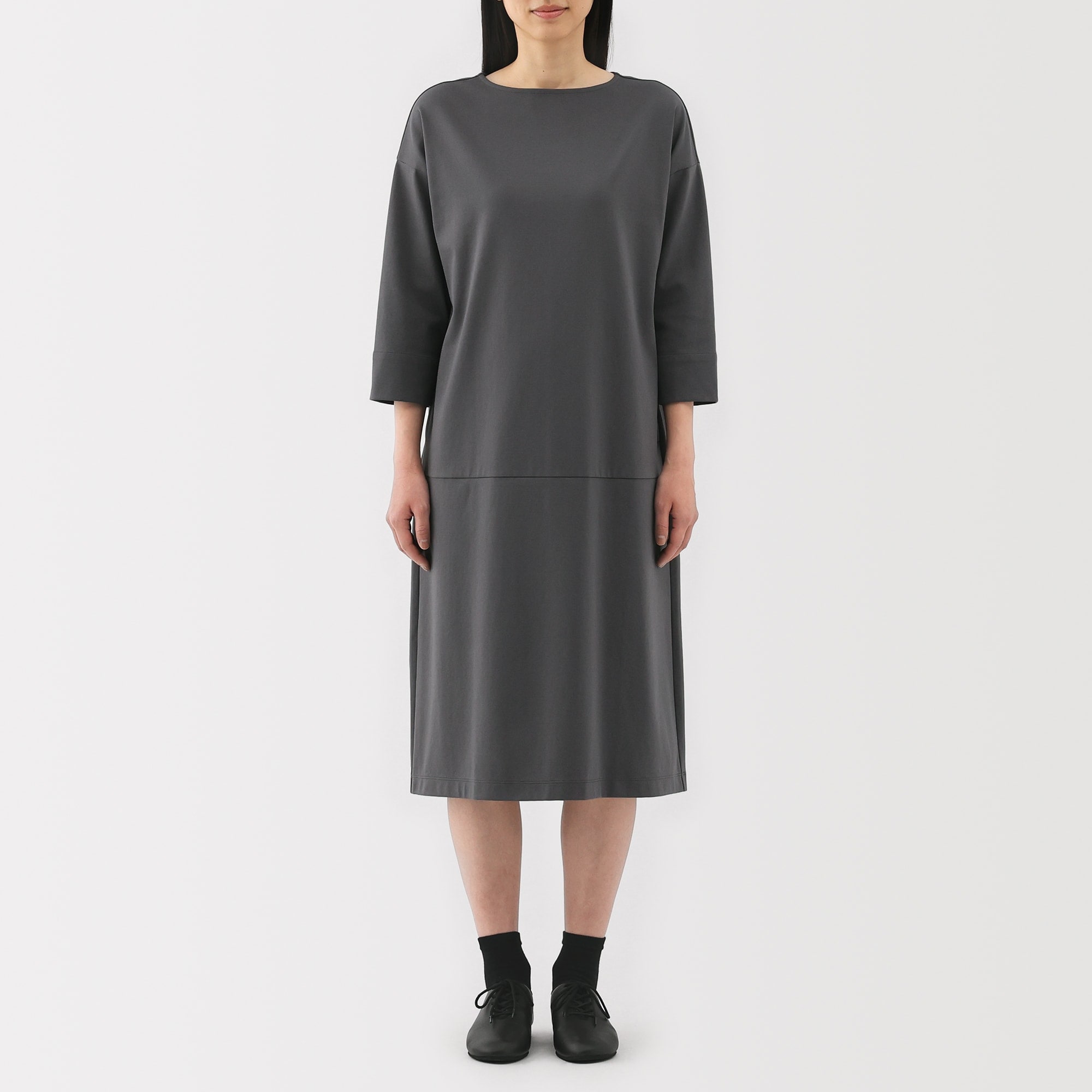 ワンピース 七分袖 ミディ丈 無地 シンプル ブラック 上品 S-XL 婦人 二重編み七分袖ワンピース | 無印良品