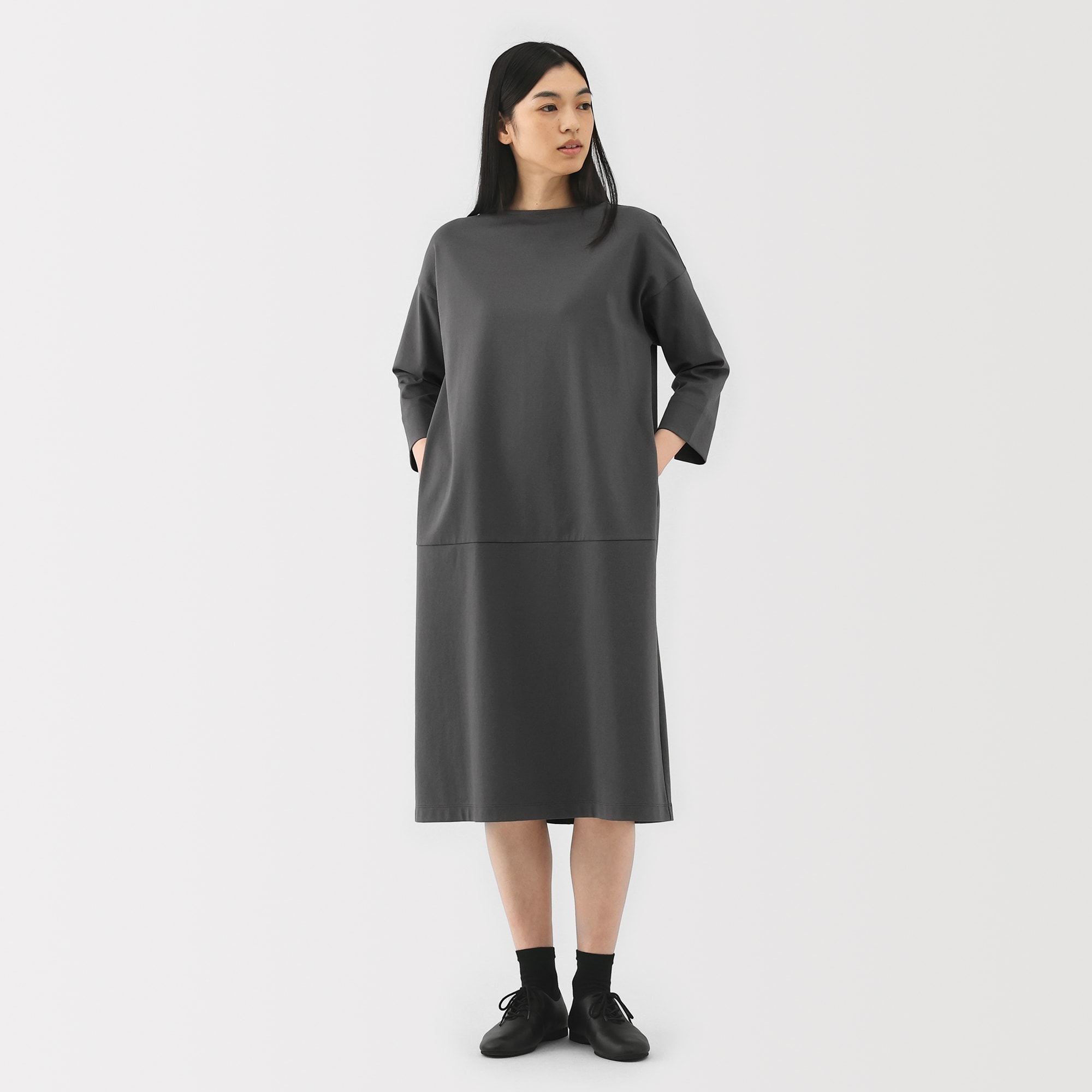 ワンピース 七分袖 ミディ丈 無地 シンプル ブラック 上品 S-XL 婦人 二重編み七分袖ワンピース | 無印良品