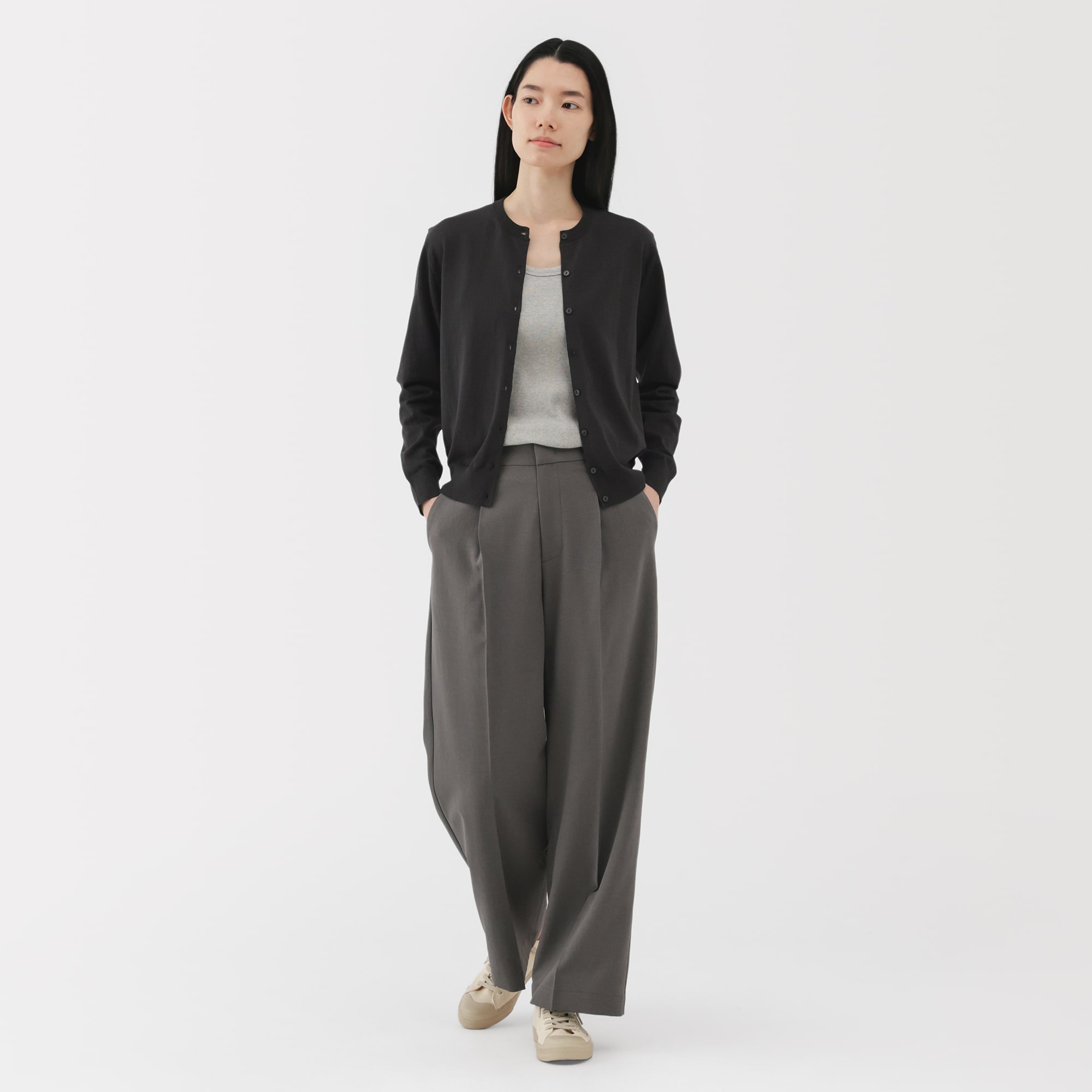 婦人　ＵＶカット強撚コットンクルーネックカーディガン