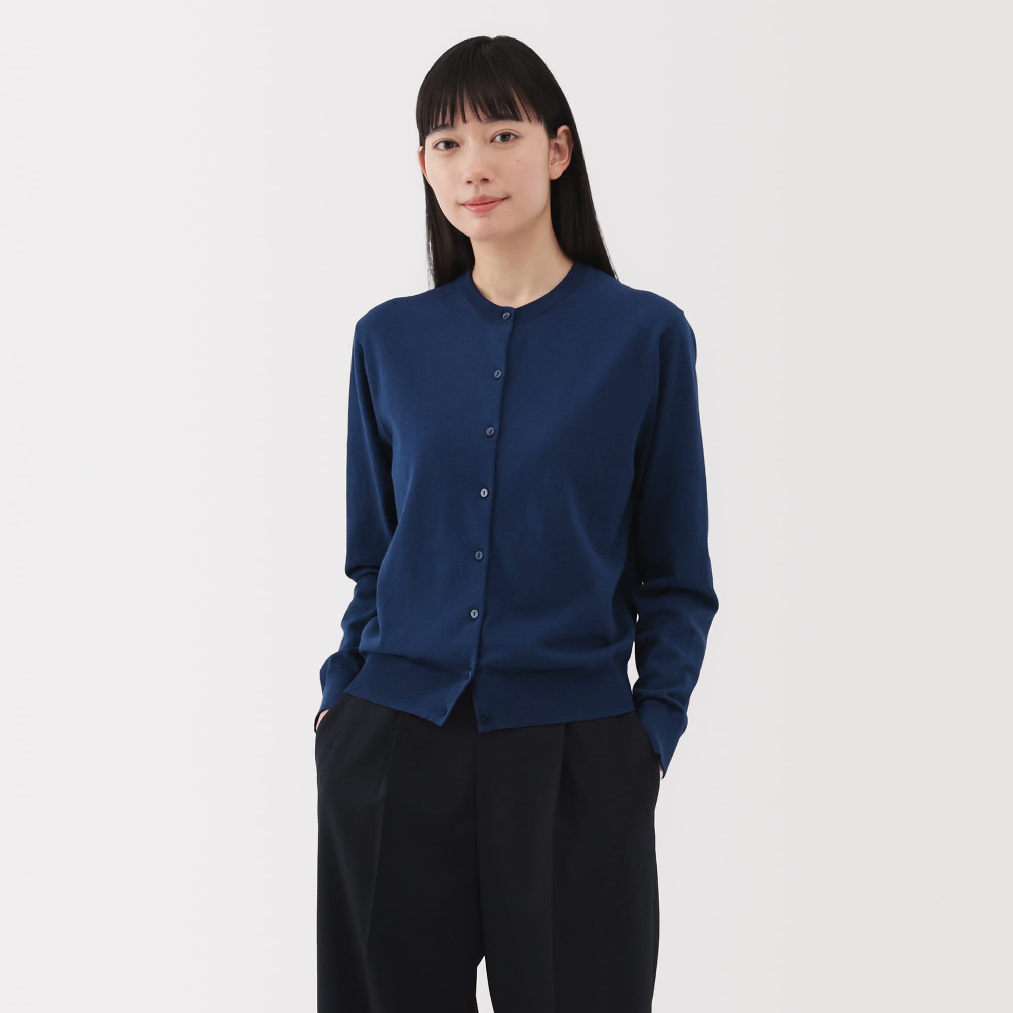 婦人　ＵＶカット強撚コットンクルーネックカーディガン