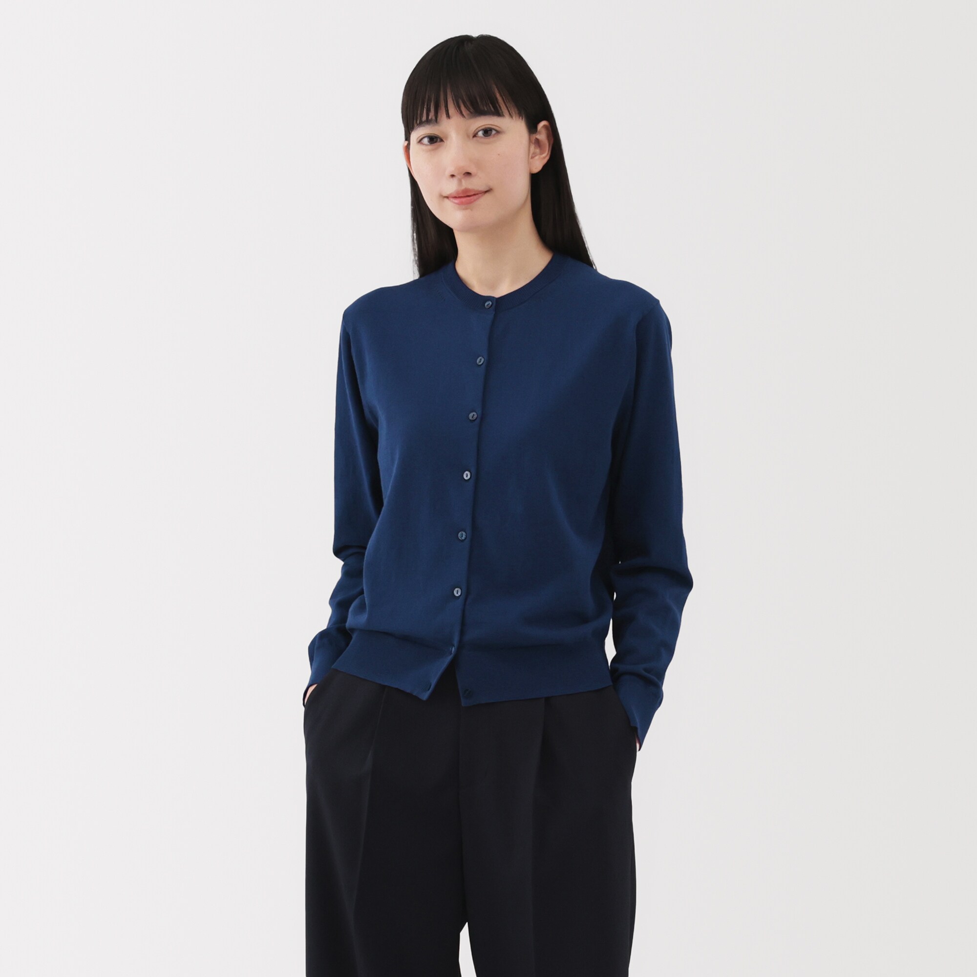 婦人　ＵＶカット強撚コットンクルーネックカーディガン