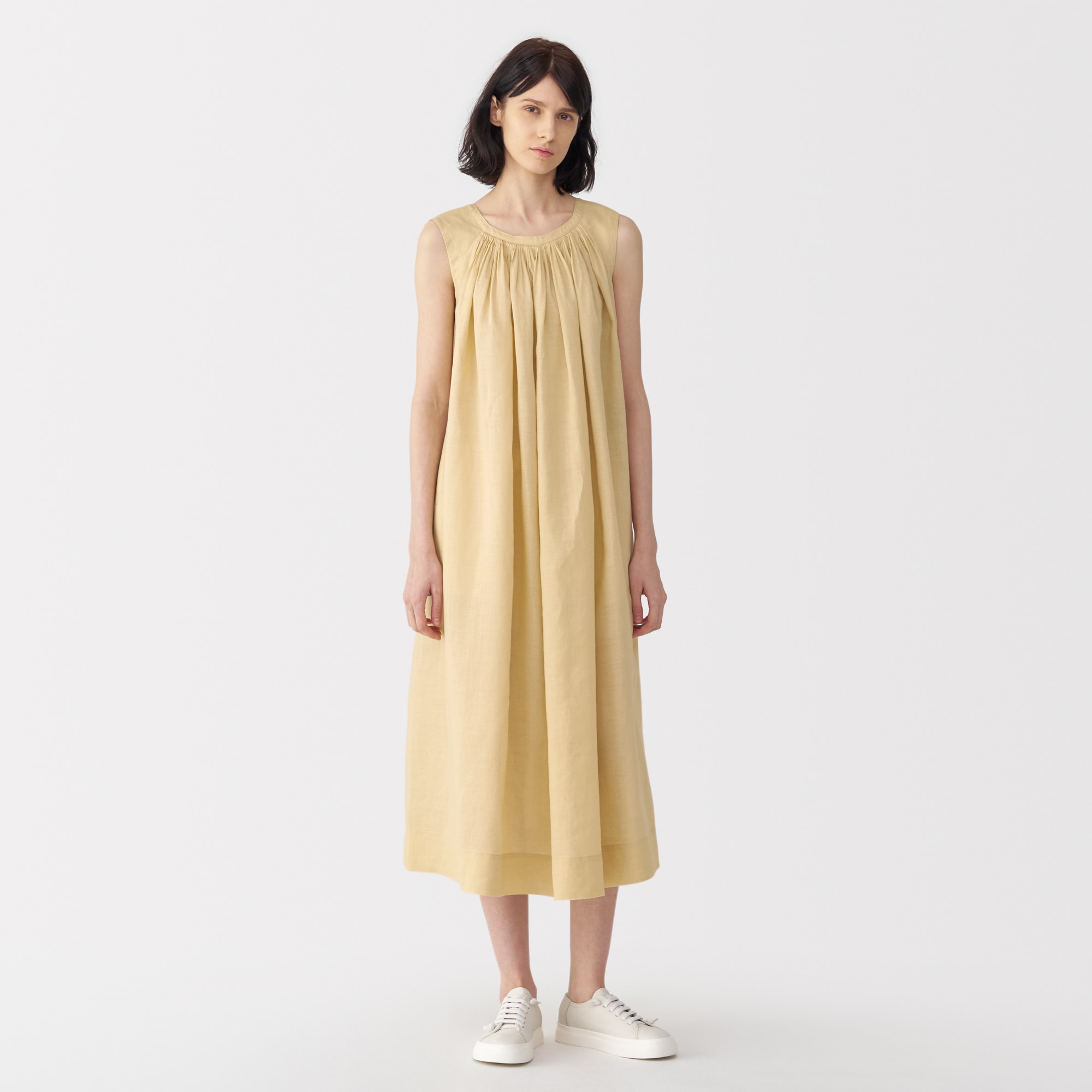 新品 今季MUJILabo無印良品 ラミーノースリーブタックワンピースMイエロー 婦人 ラミーノースリーブタックワンピース | 無印良品