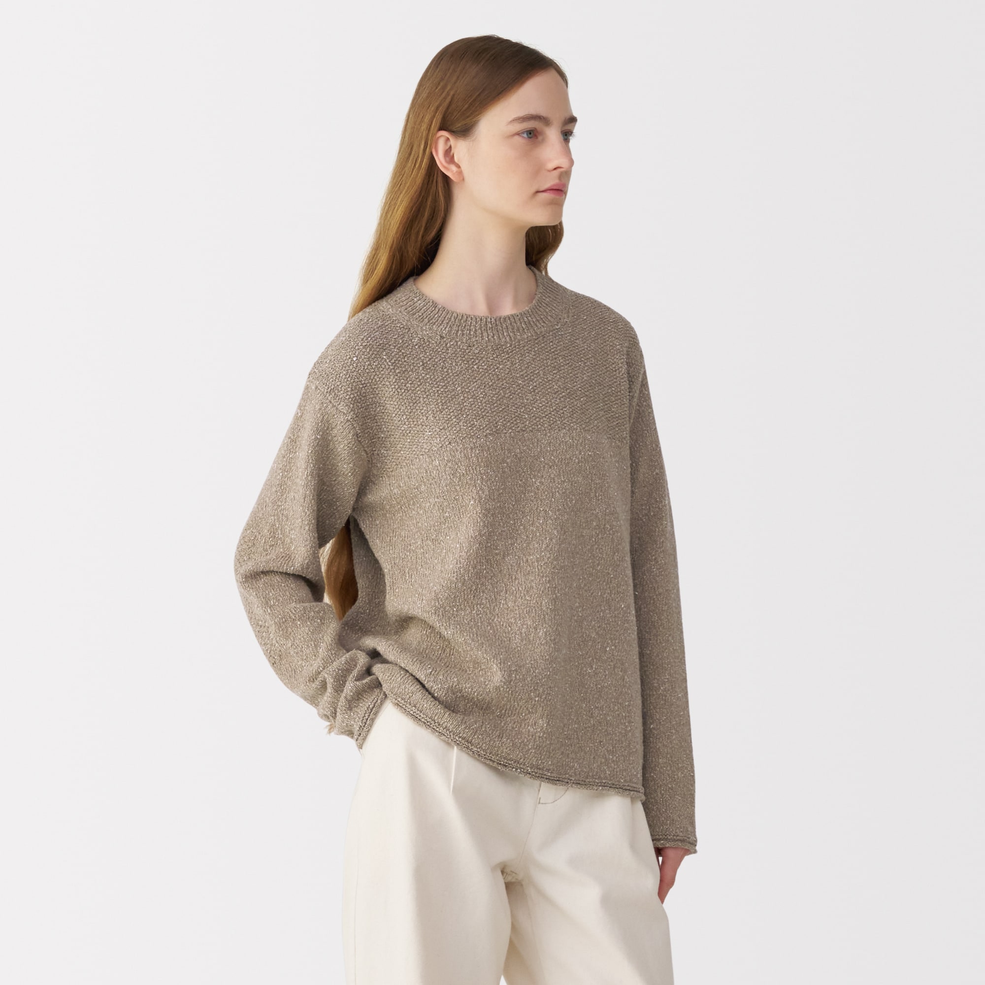 婦人　シルク混クルーネック長袖プルオーバー