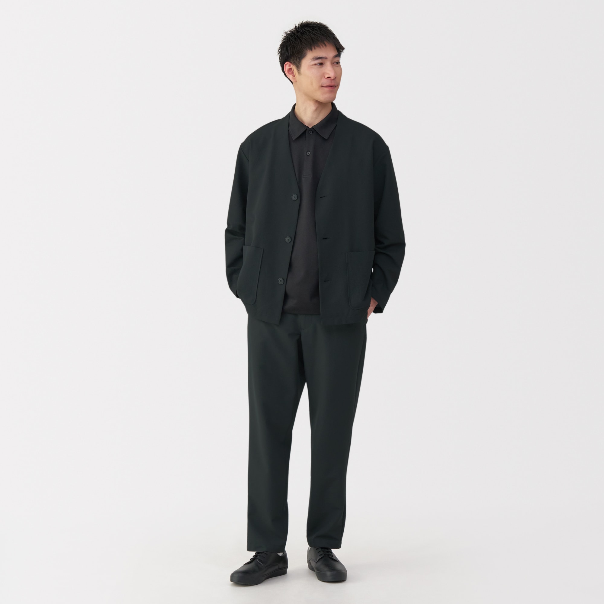 紳士　風を通すストレッチサッカーカーディガン