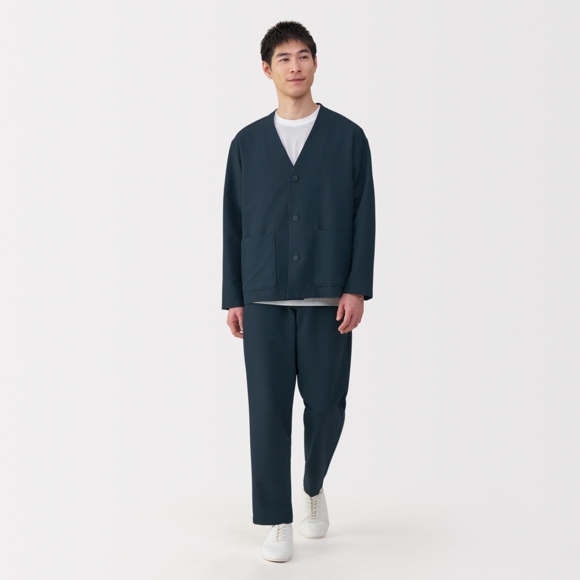 極美品 MUJI 風を通すストレッチサッカー セットアップ ネイビー M 無印良品 紳士 風を通す ストレッチサッカー 上下セットアップ