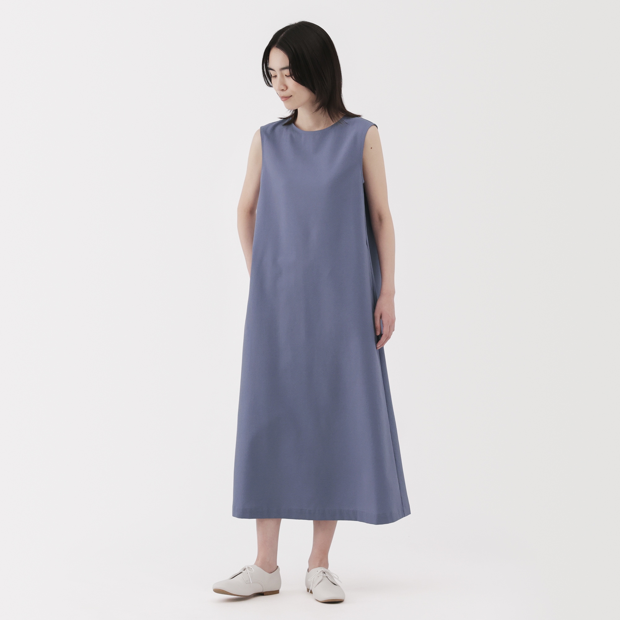 無印良品／大きいサイズXL／風を通すストレッチサッカーフレンチスリーブワンピース セール】婦人 風を通す ストレッチサッカー スリーブレス