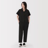 婦人　風を通す　ストレッチサッカー　オープンカラー半袖シャツ