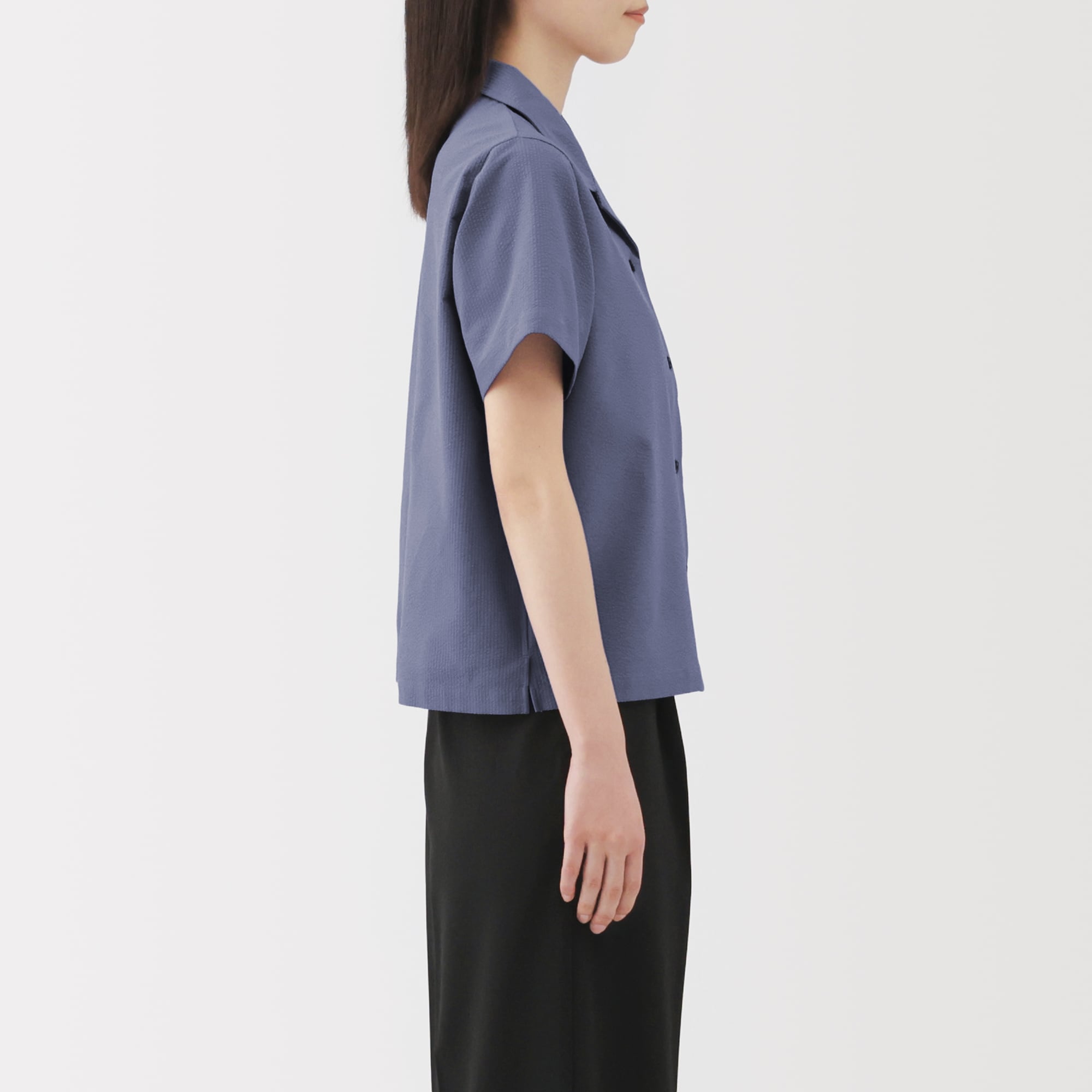 婦人　風を通す　ストレッチサッカー　オープンカラー半袖シャツ