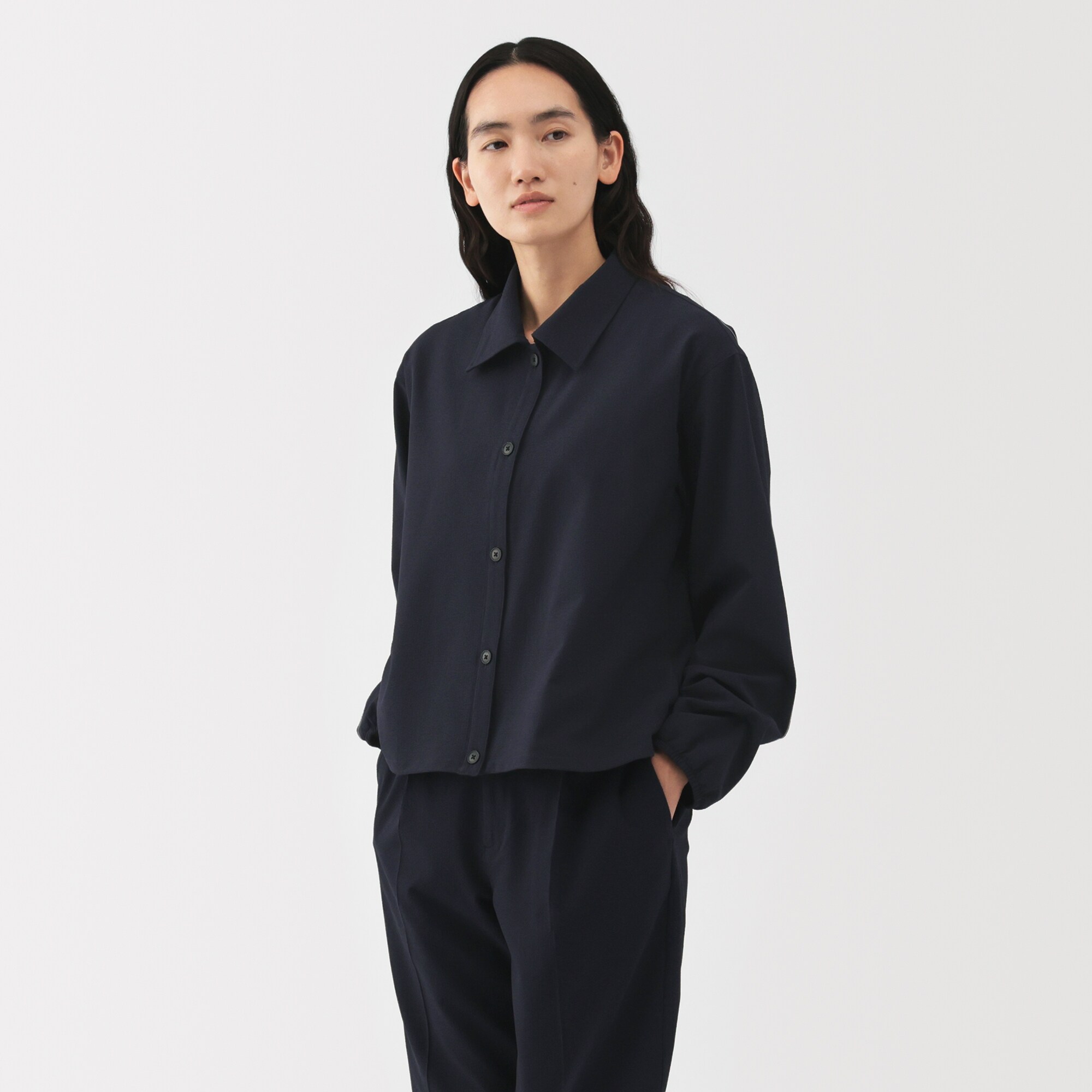 極美品 MUJI 風を通すストレッチサッカー セットアップ ネイビー M 極美品 無印良品 MUJI セットアップ ストレッチ ジャケット