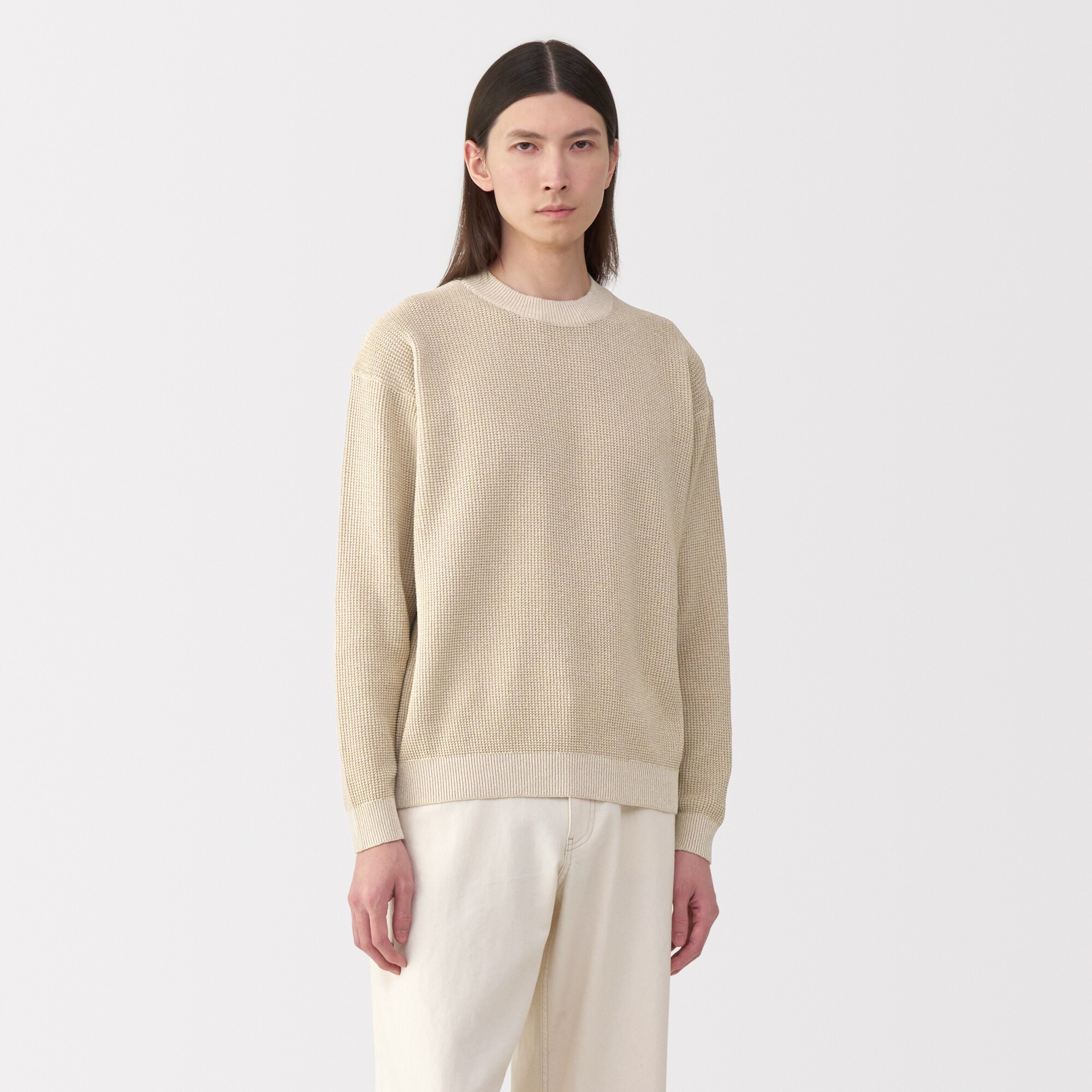 新品◆MUJI Labo◆無印良品 和紙混ニット長袖プルオーバー ベージュ L 紳士 和紙混ニット長袖プルオーバー | 無印良品