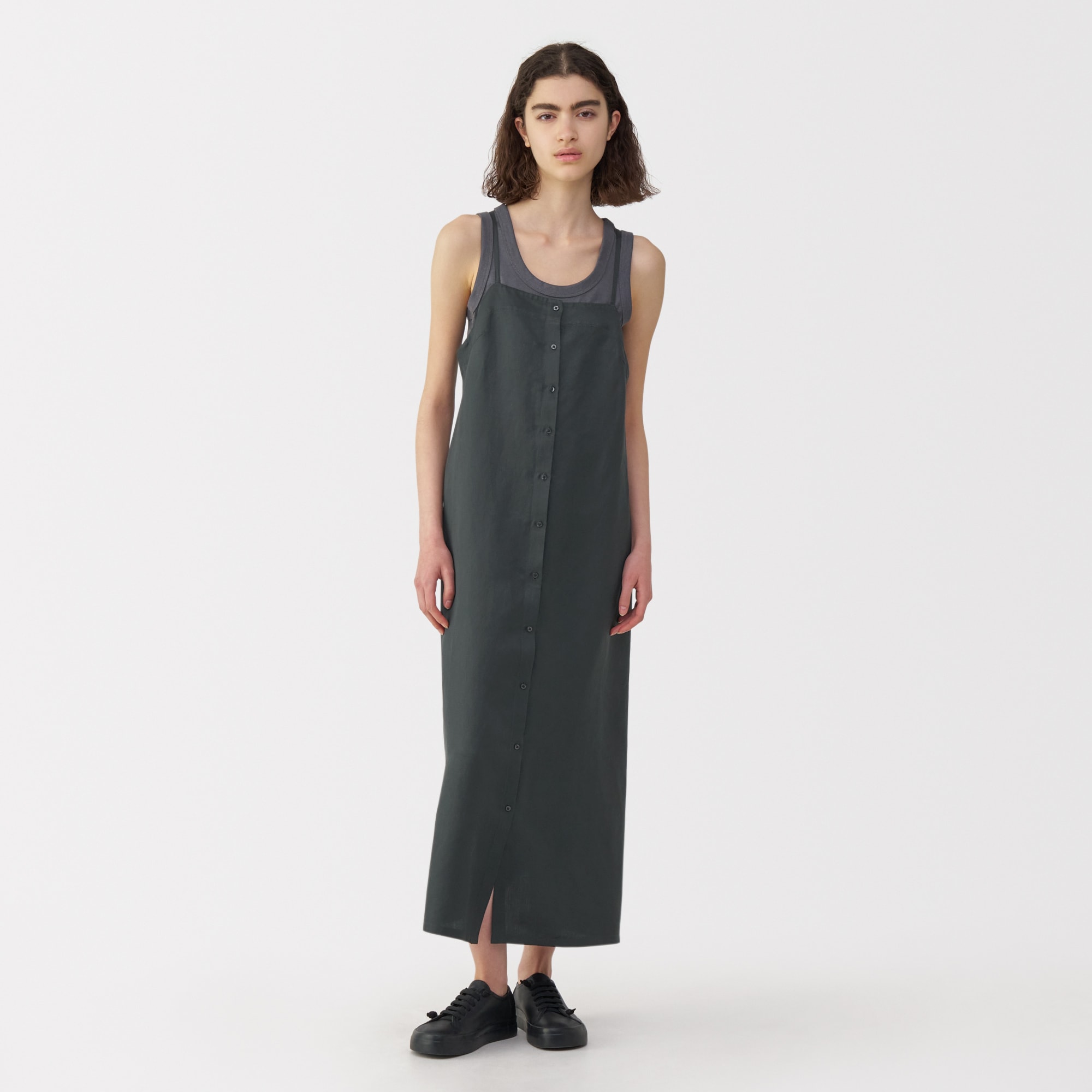 新品　MUJI Labo　現行品　リネンシルク　キャミワンピース　ネイビー　L 婦人 リネンシルクワンピース | 無印良品