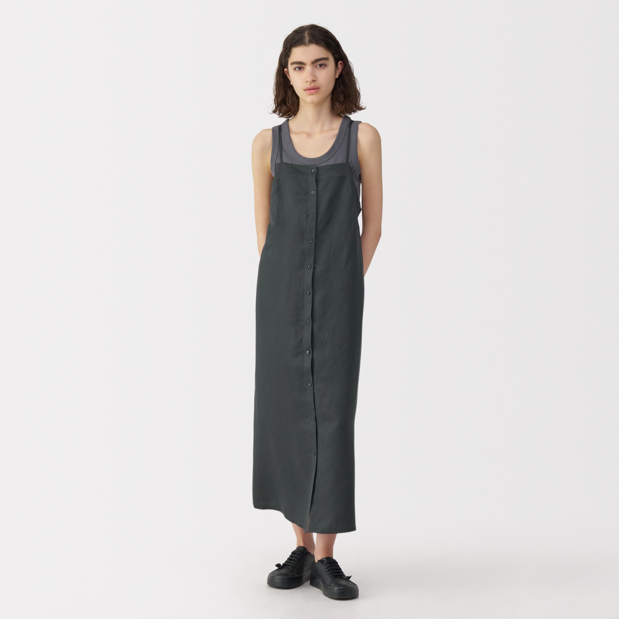 新品　MUJI Labo　現行品　リネンシルク　キャミワンピース　ネイビー　L 婦人 リネンシルクワンピース | 無印良品