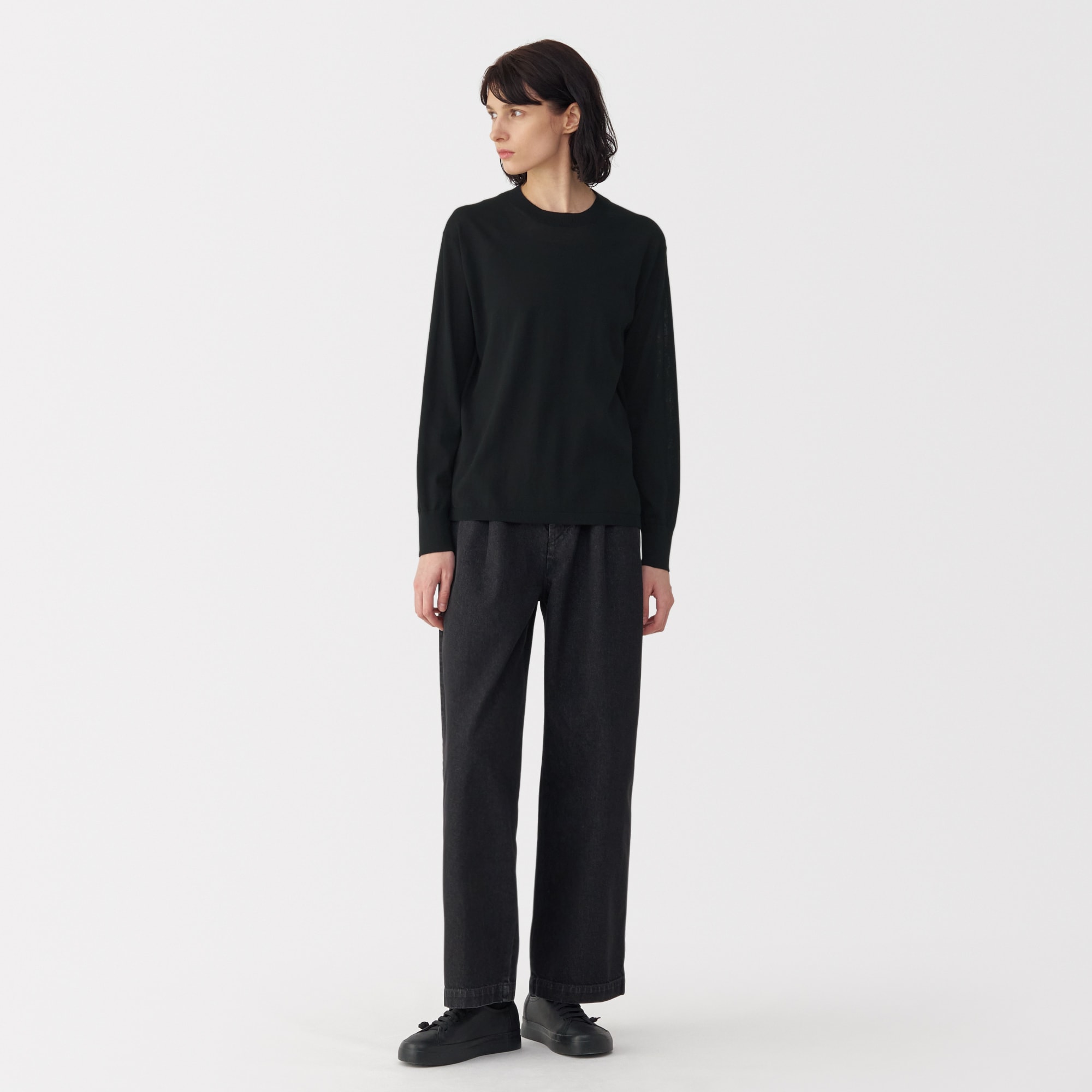 MUJI Labo 強撚コットン長袖セーター XL 黒 婦人 強撚コットンニット長袖プルオーバー | 無印良品