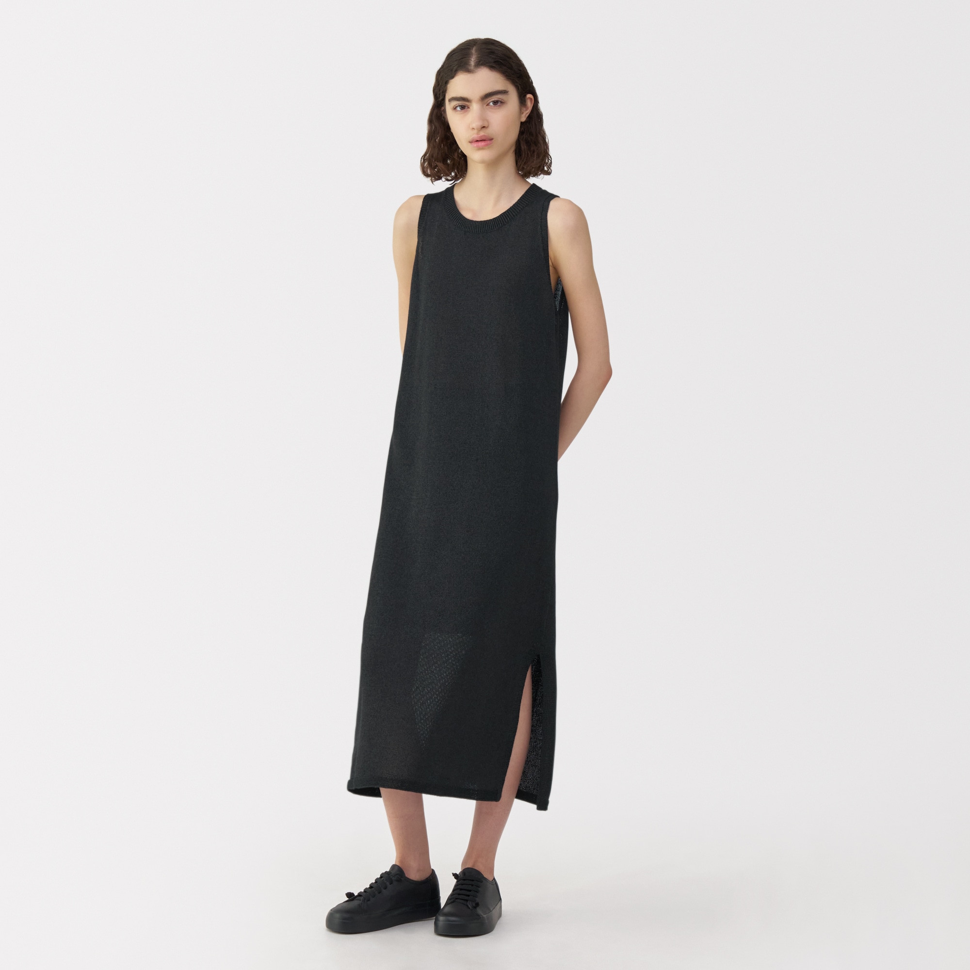 MUJI Labo 黒 ラミーノースリーブタックワンピース M無印良品 婦人 ラミーノースリーブタックワンピース | 無印良品