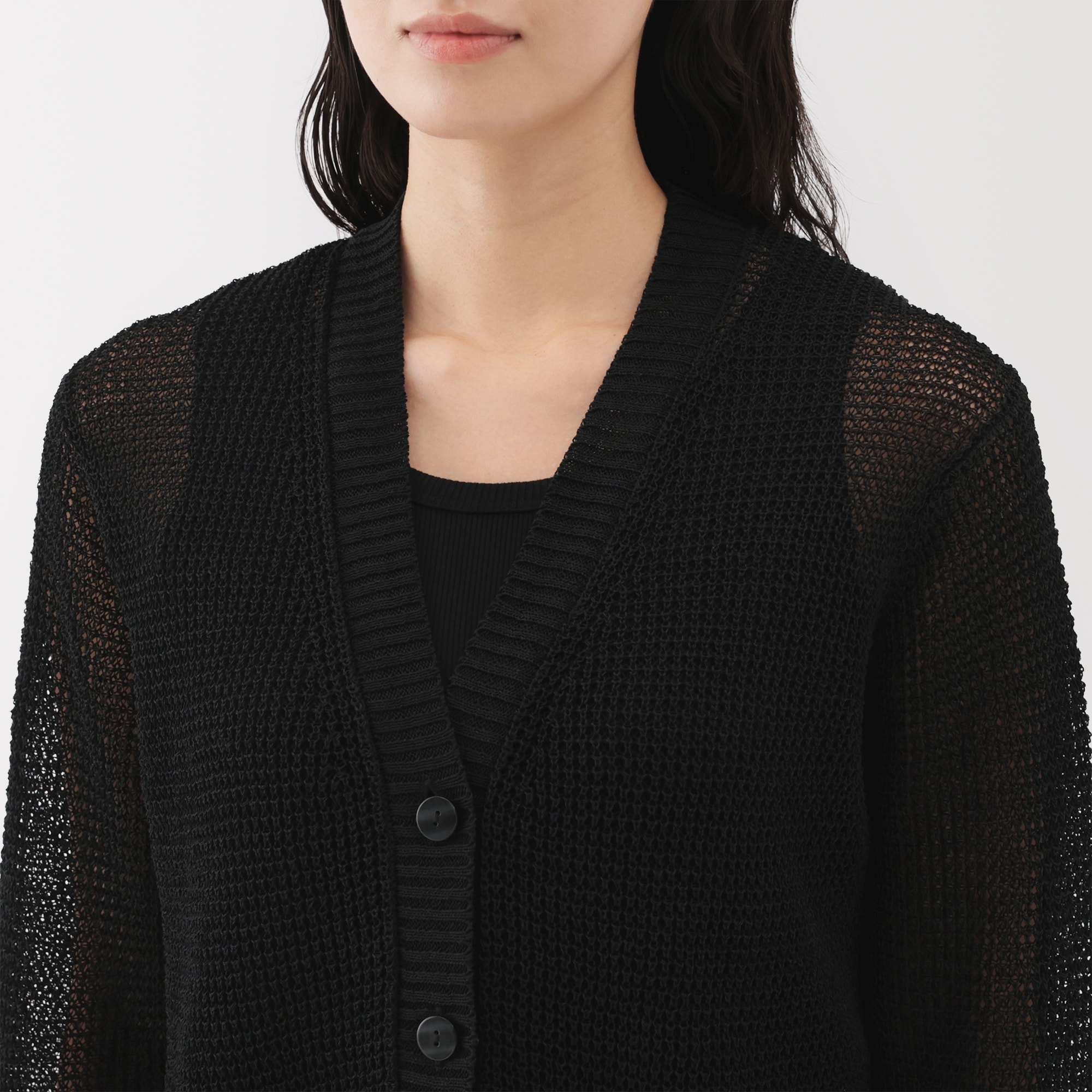 婦人　ヘンプ混メッシュＶネックカーディガン