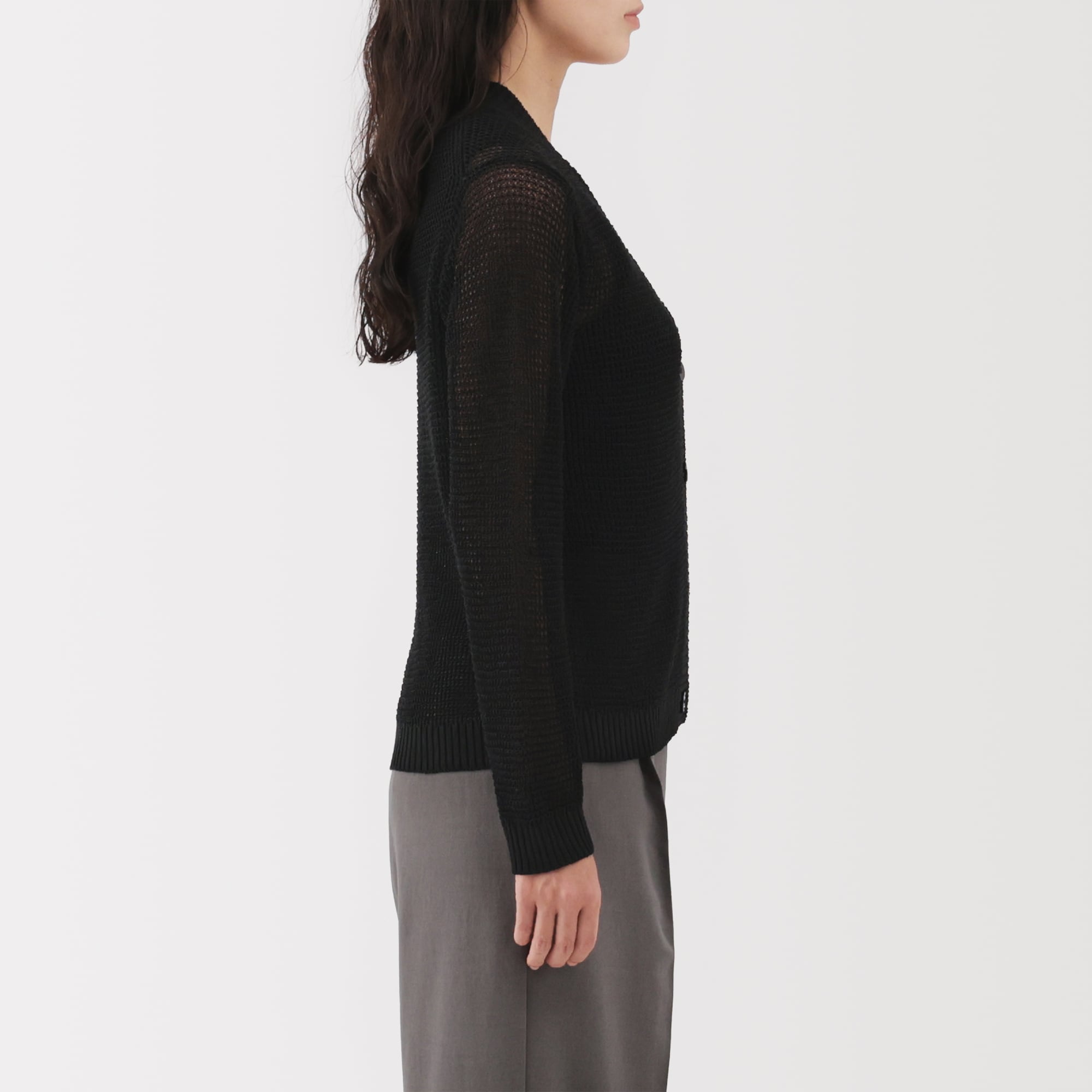 婦人　ヘンプ混メッシュＶネックカーディガン