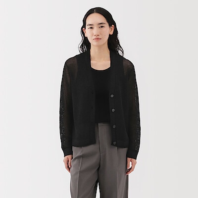 婦人　ヘンプ混メッシュＶネックカーディガン