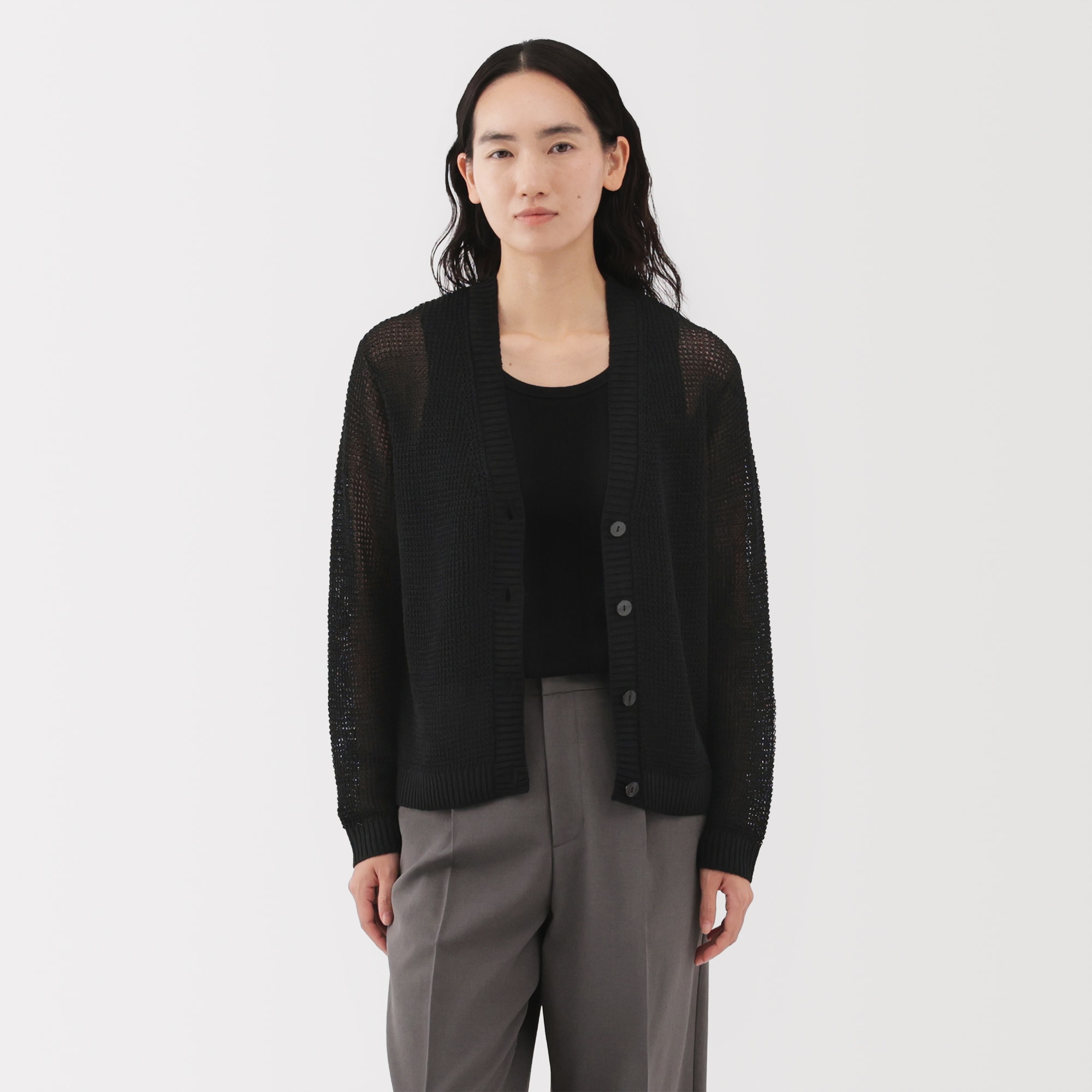 婦人　ヘンプ混メッシュＶネックカーディガン