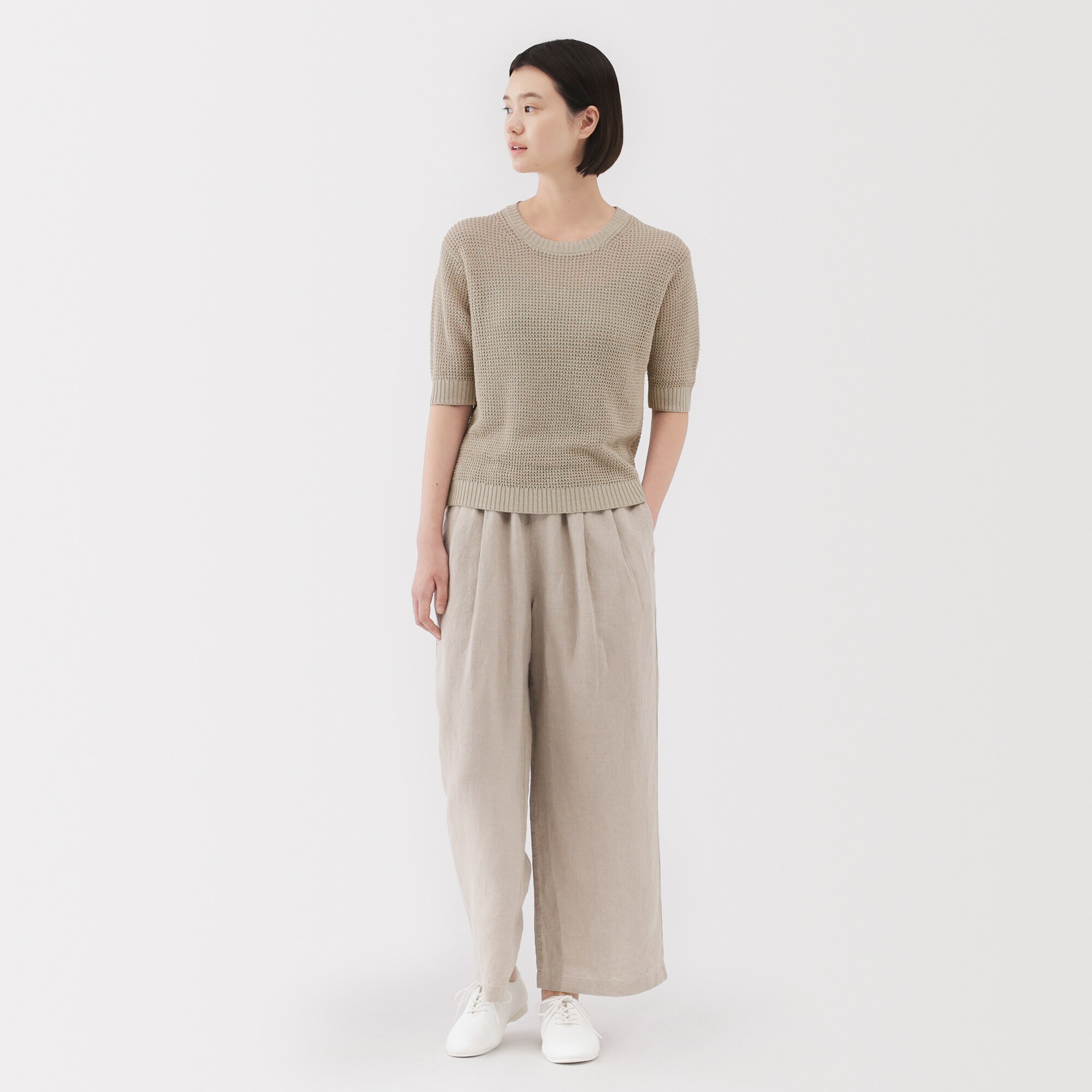 婦人　ヘンプ混メッシュ五分袖セーター