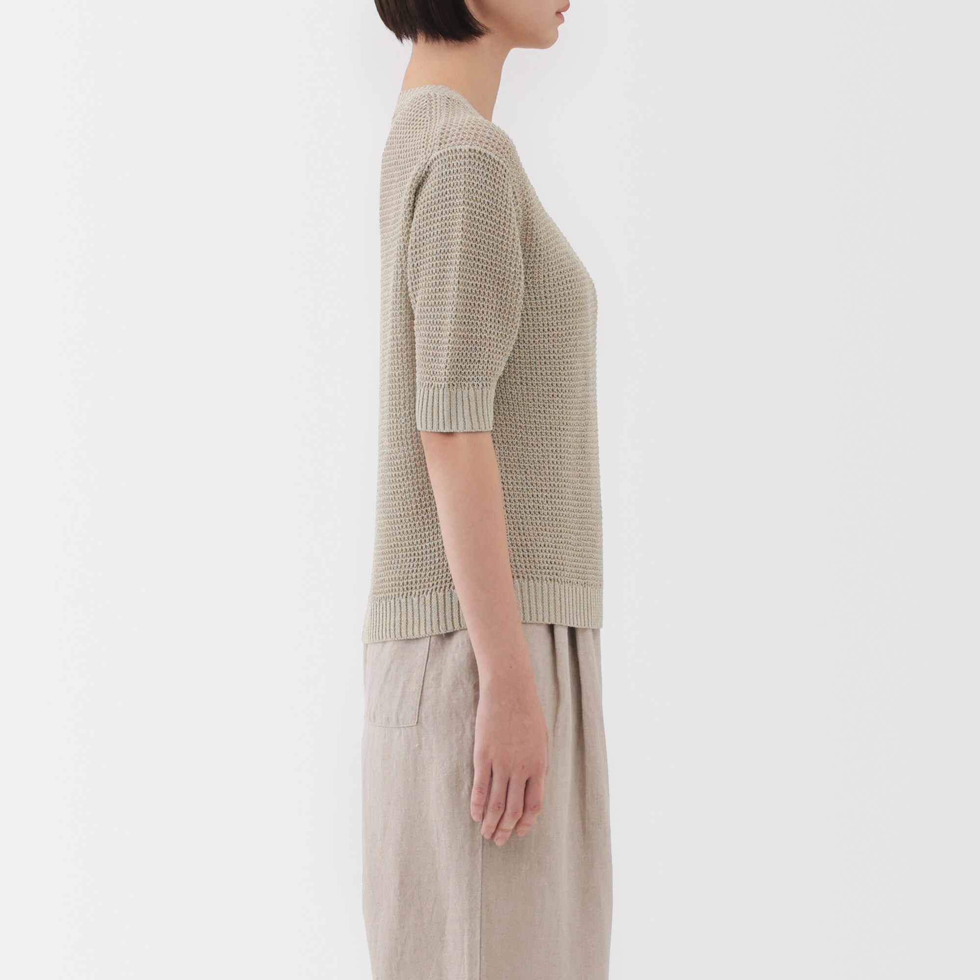 婦人　ヘンプ混メッシュ五分袖セーター