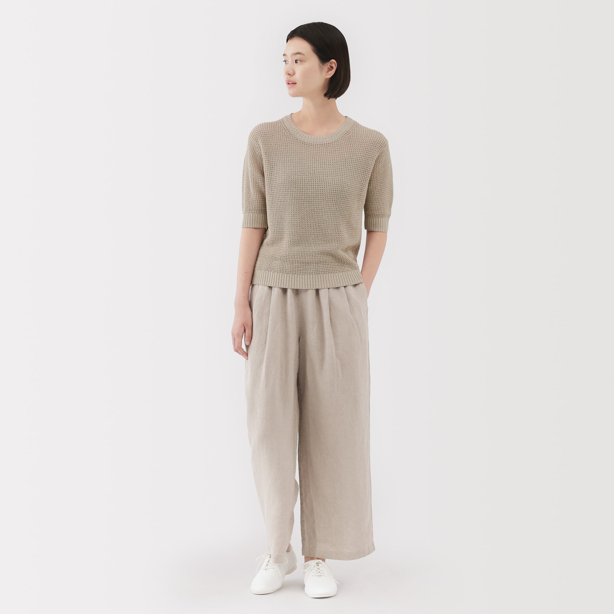 婦人　ヘンプ混メッシュ五分袖セーター