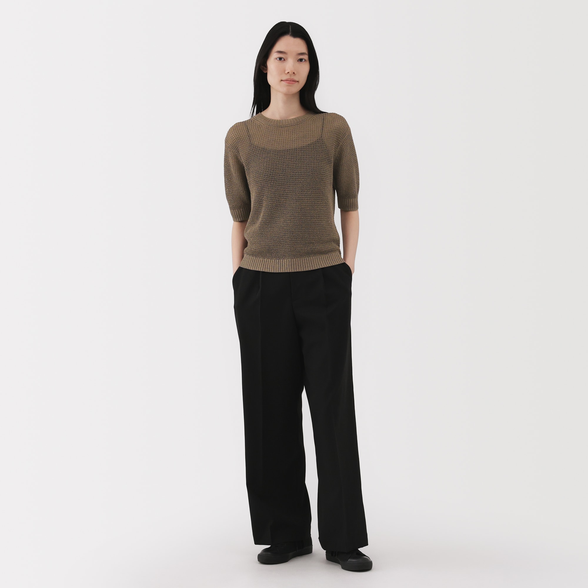 婦人　ヘンプ混メッシュ五分袖セーター