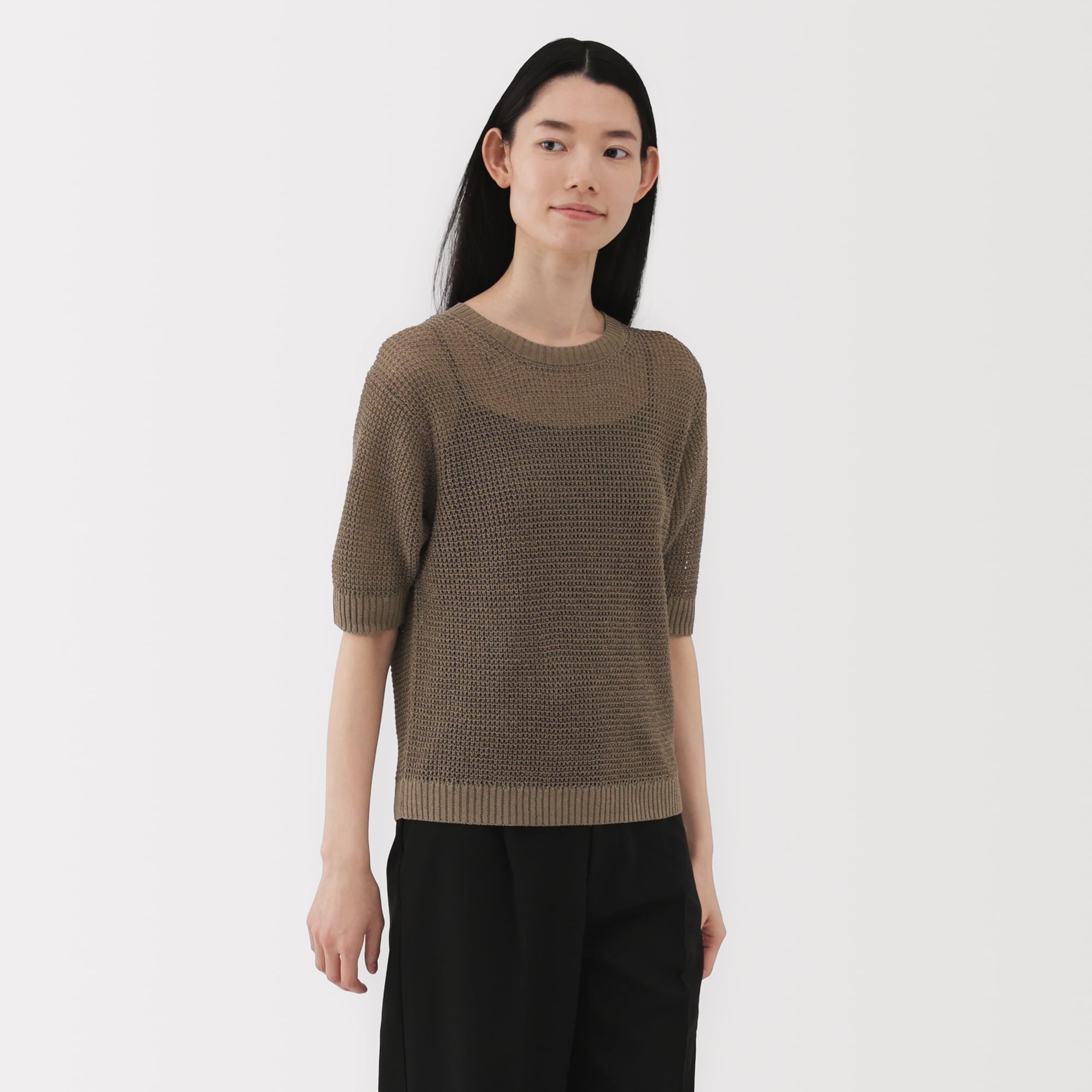 婦人　ヘンプ混メッシュ五分袖セーター