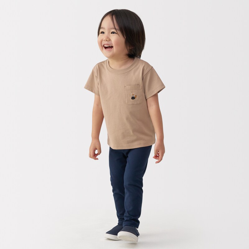 ベビー　あたまするっと　天竺編み刺繍入りポケット半袖Ｔシャツ