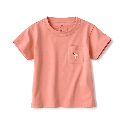 ベビー　あたまするっと　天竺編み刺繍入りポケット半袖Ｔシャツ