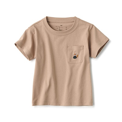 ベビー　あたまするっと　天竺編み刺繍入りポケット半袖Ｔシャツ