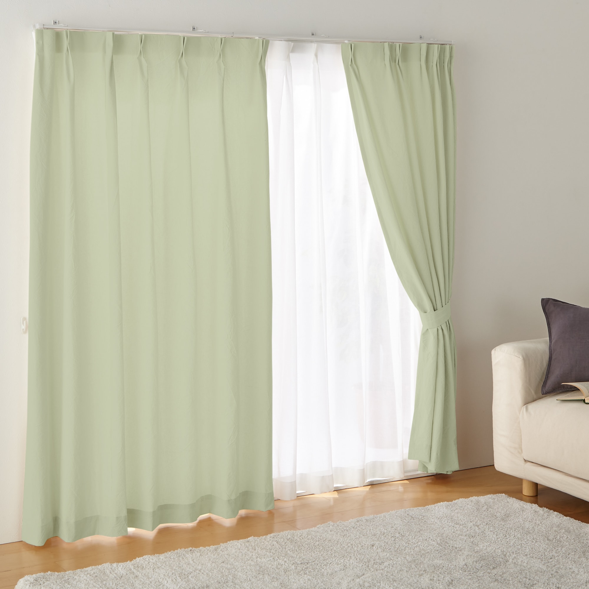 綿洗いざらし平織プリーツカーテン／グリーン | 無印良品