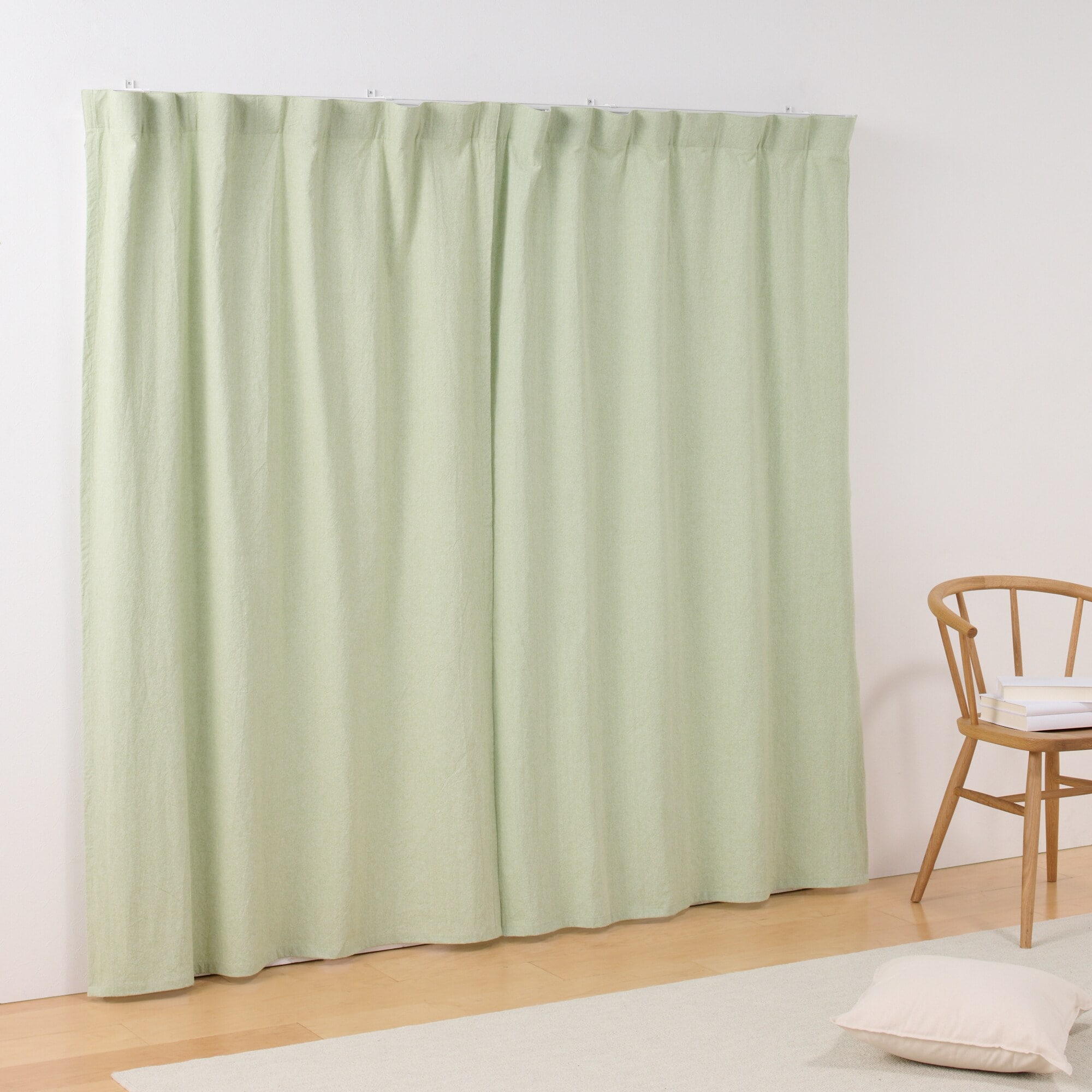 綿洗いざらし平織ノンプリーツカーテン／グリーン