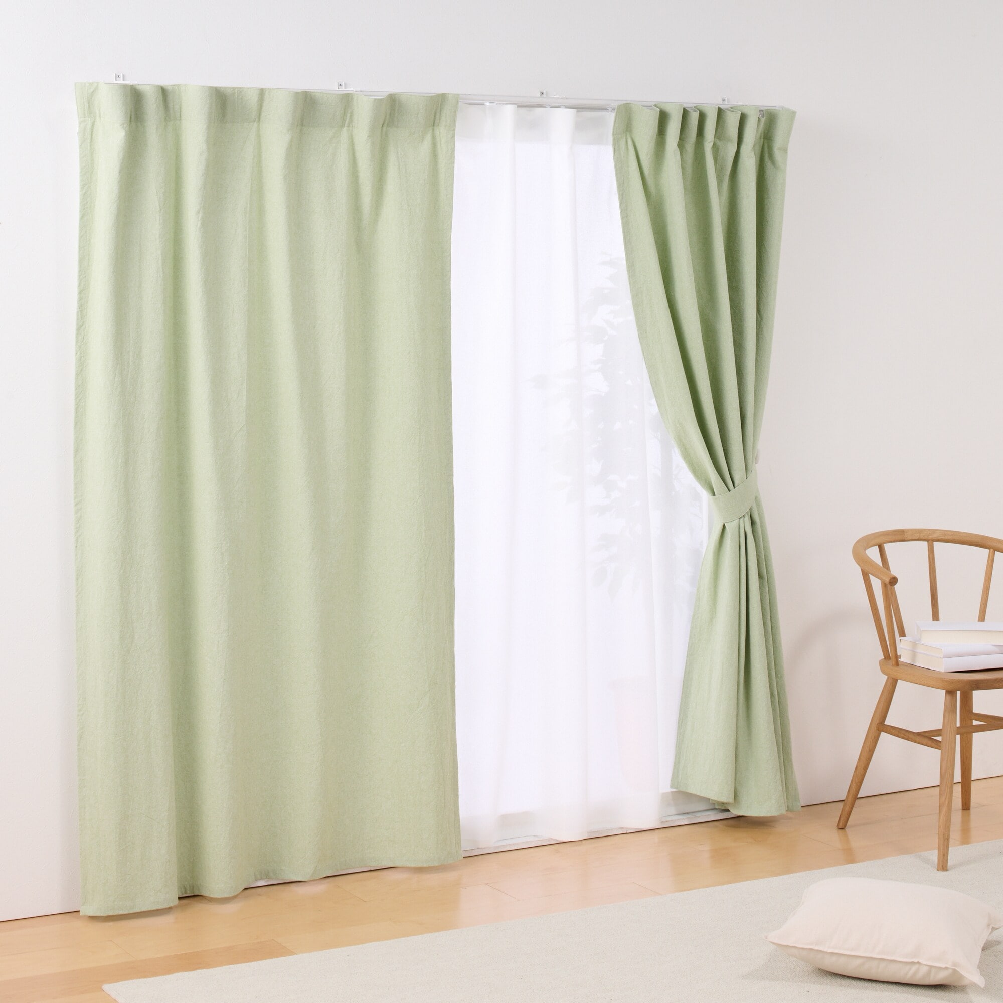 綿洗いざらし平織ノンプリーツカーテン／グリーン