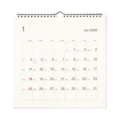 【大】バガス入りペーパー日曜始まり六輝カレンダー・２０２６年１月～１２月　約２７０×２７０ｍｍ・壁掛け用