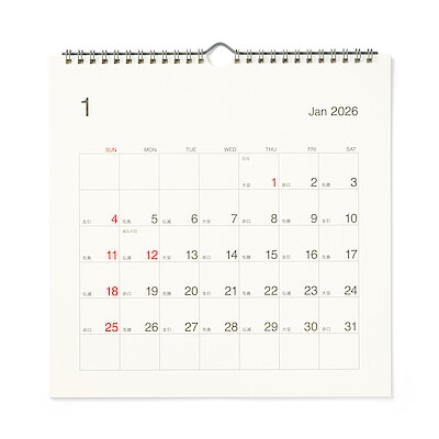 【８月下旬発売予定】【大】バガス入りペーパー日曜始まり六輝カレンダー・２０２６年１月～１２月　約２７０×２７０ｍｍ・壁掛け用