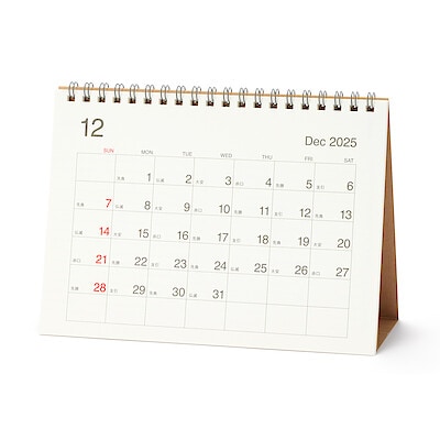 【８月下旬発売予定】【中】バガス入りペーパー日曜始まり六輝カレンダー・２０２５年１２月～２０２６年１２月　約１４５×２００ｍｍ・卓上用