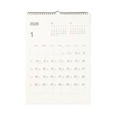 【８月下旬発売予定】バガス入りペーパー日曜始まり六輝カレンダー・２０２６年１月～１２月　Ａ３