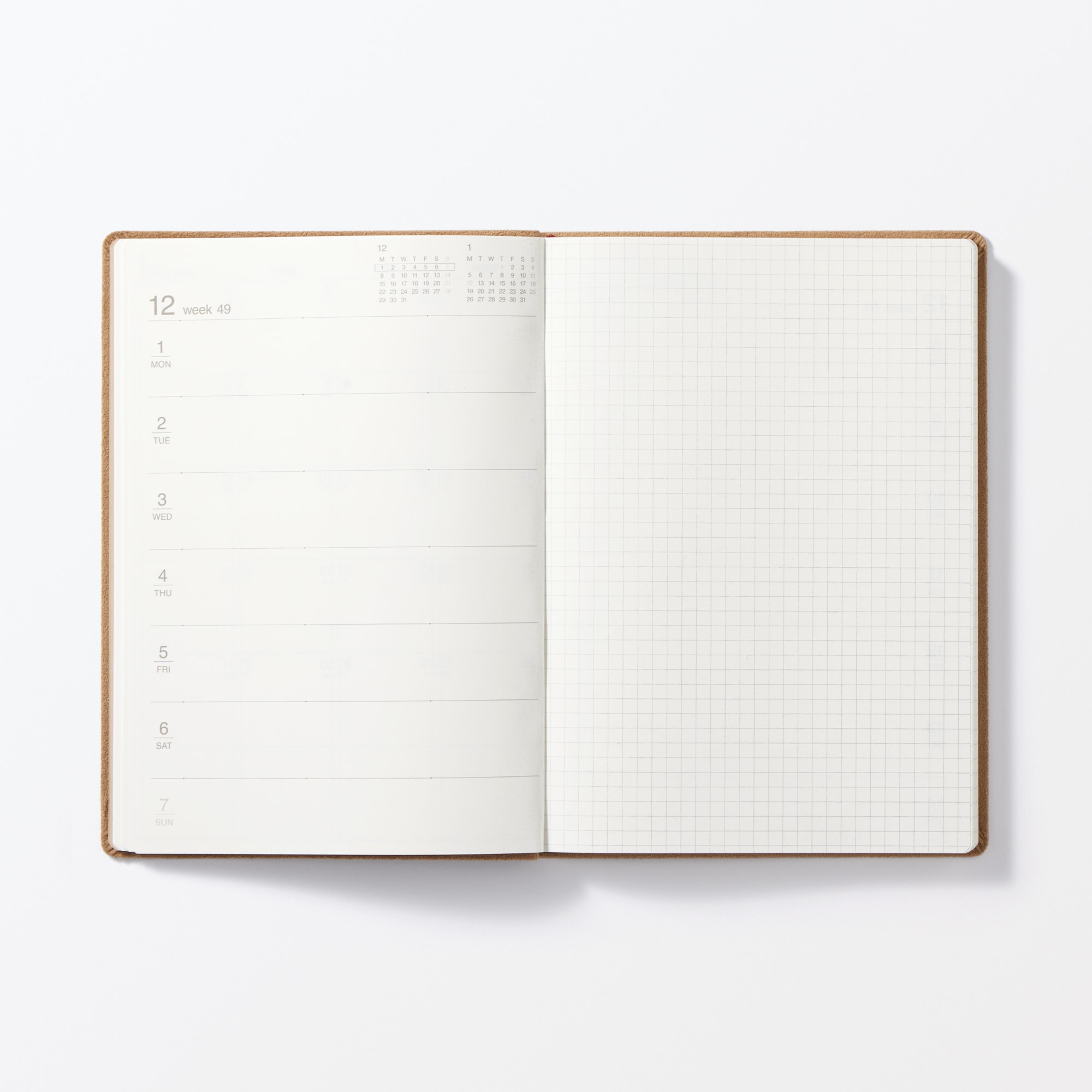 スエード調月曜始まりマンスリー／ウィークリースケジュール帳・２０２５年１２月