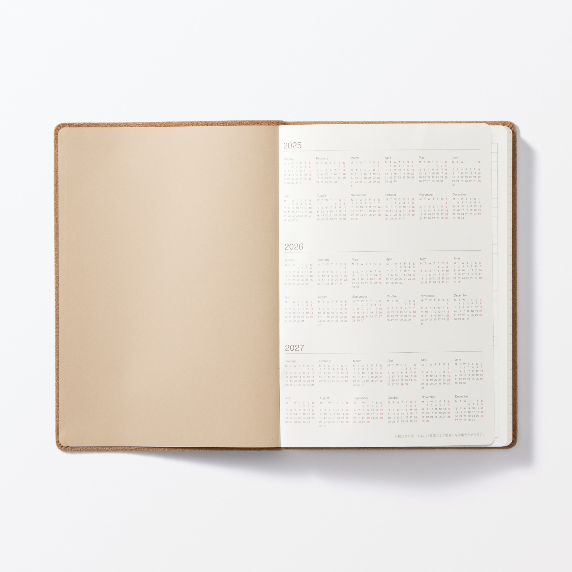 スエード調月曜始まりマンスリー／ウィークリースケジュール帳・２０２５年１２月