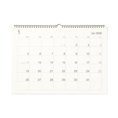バガス入りペーパー月曜始まり壁掛けカレンダー・２０２６年１月～１２月　Ａ３横型
