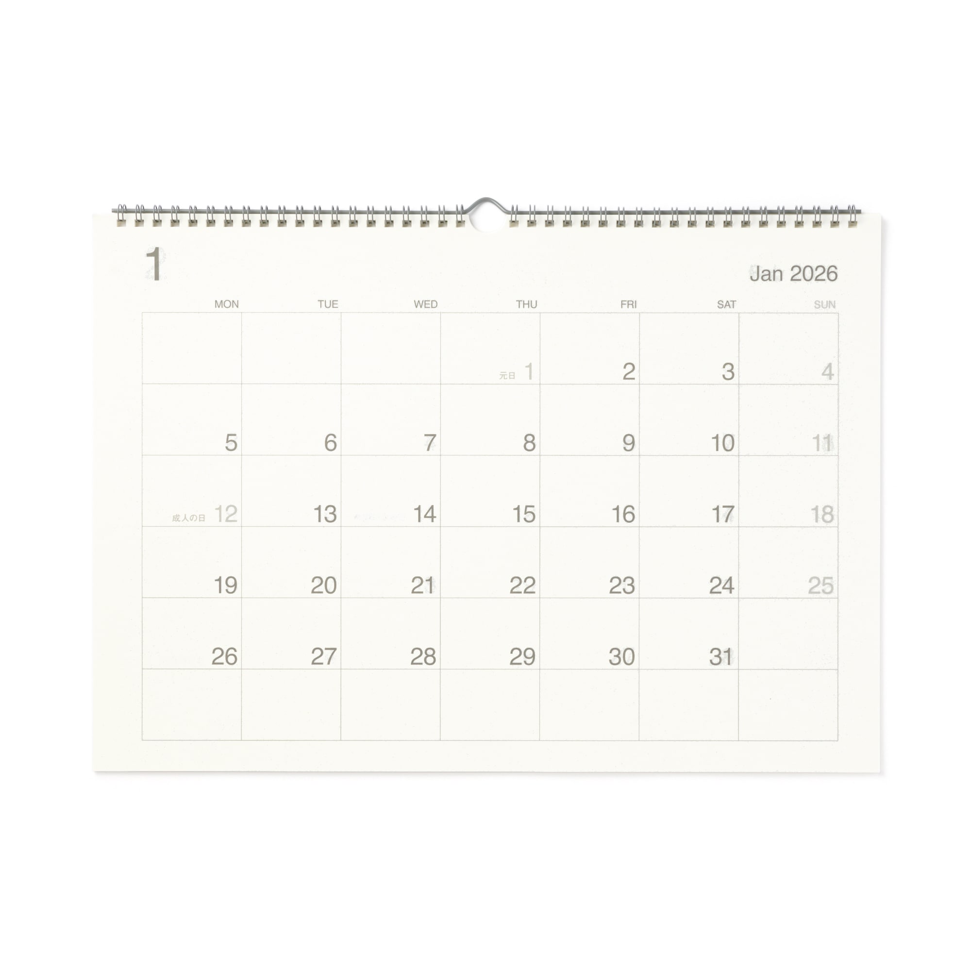 バガス入りペーパー月曜始まり壁掛けカレンダー・２０２６年１月～１２月