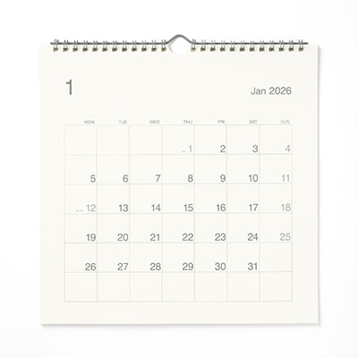 バガス入りペーパー月曜始まりカレンダー・大・２０２６年１月～１２月　約２７０×２７０ｍｍ・壁掛け用
