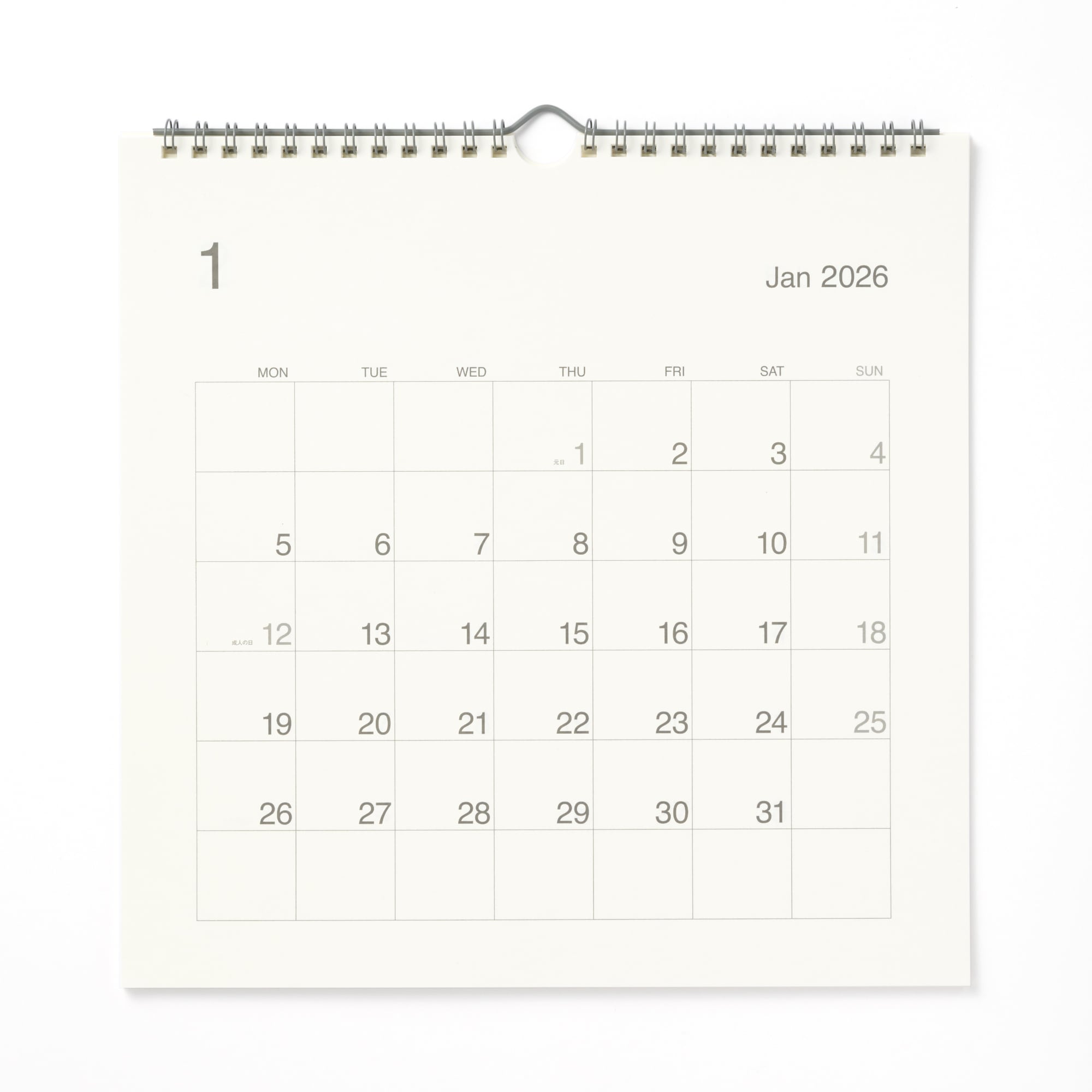 バガス入りペーパー月曜始まりカレンダー・大・２０２６年１月～１２月