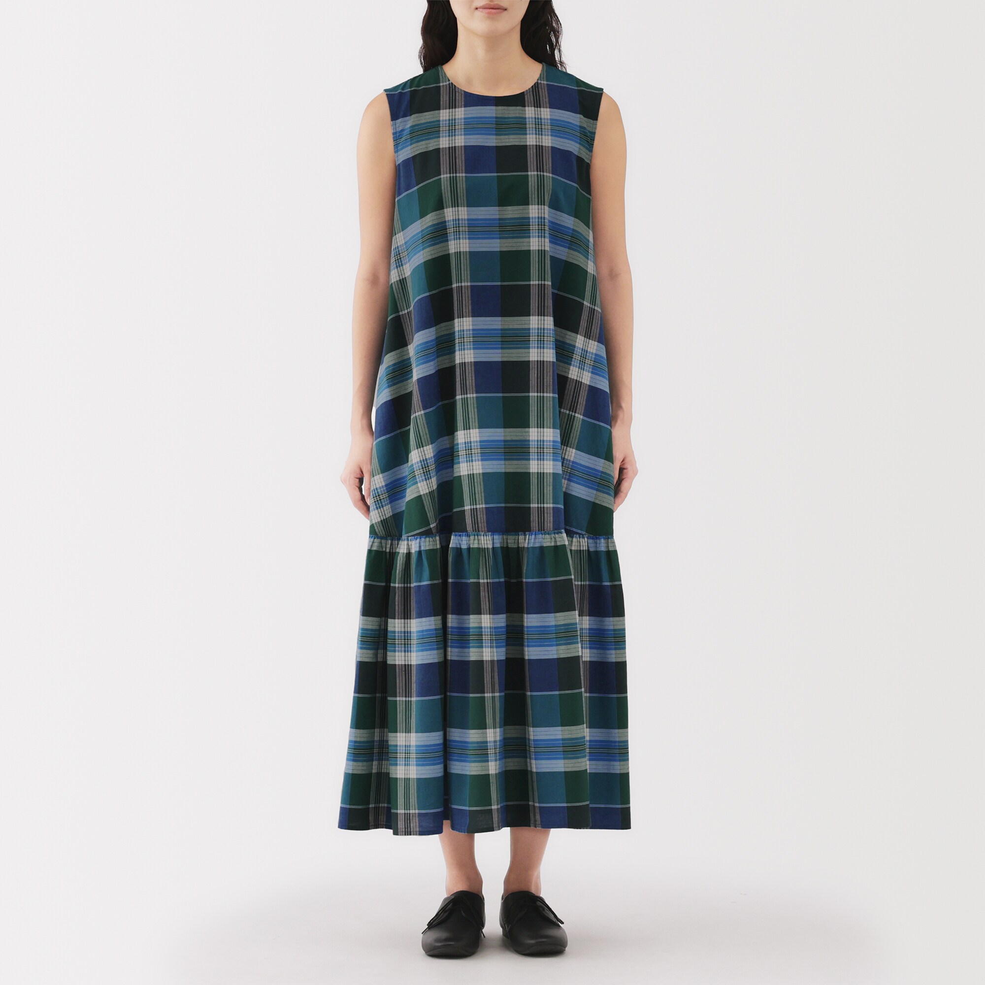 婦人　マドラスチェック　スリーブレスワンピース