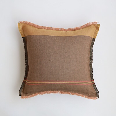 ［ＩＤＥＥ］リネンクッションカバー　マスタード×ブラウン　４５ｃｍ角