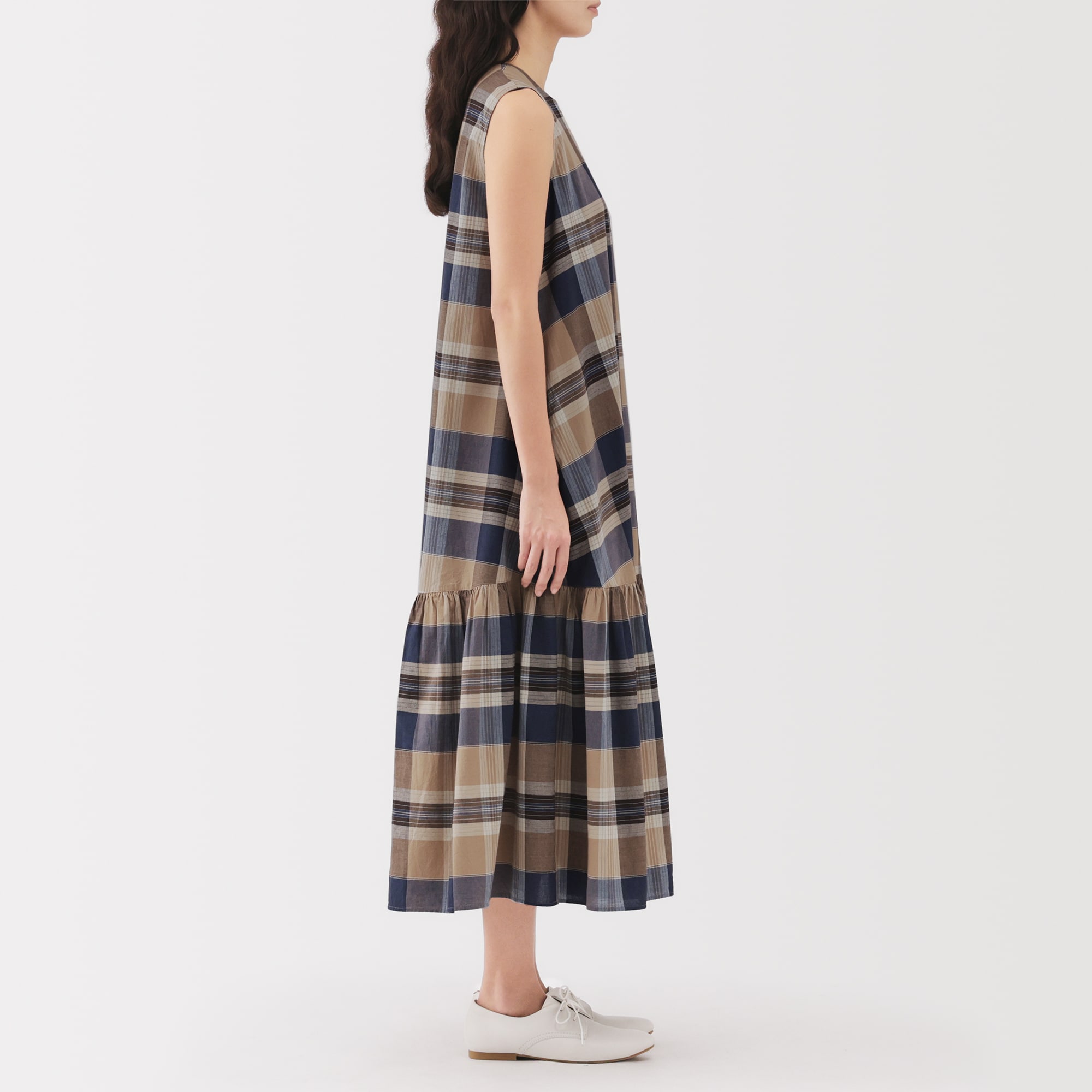 婦人　マドラスチェック　スリーブレスワンピース