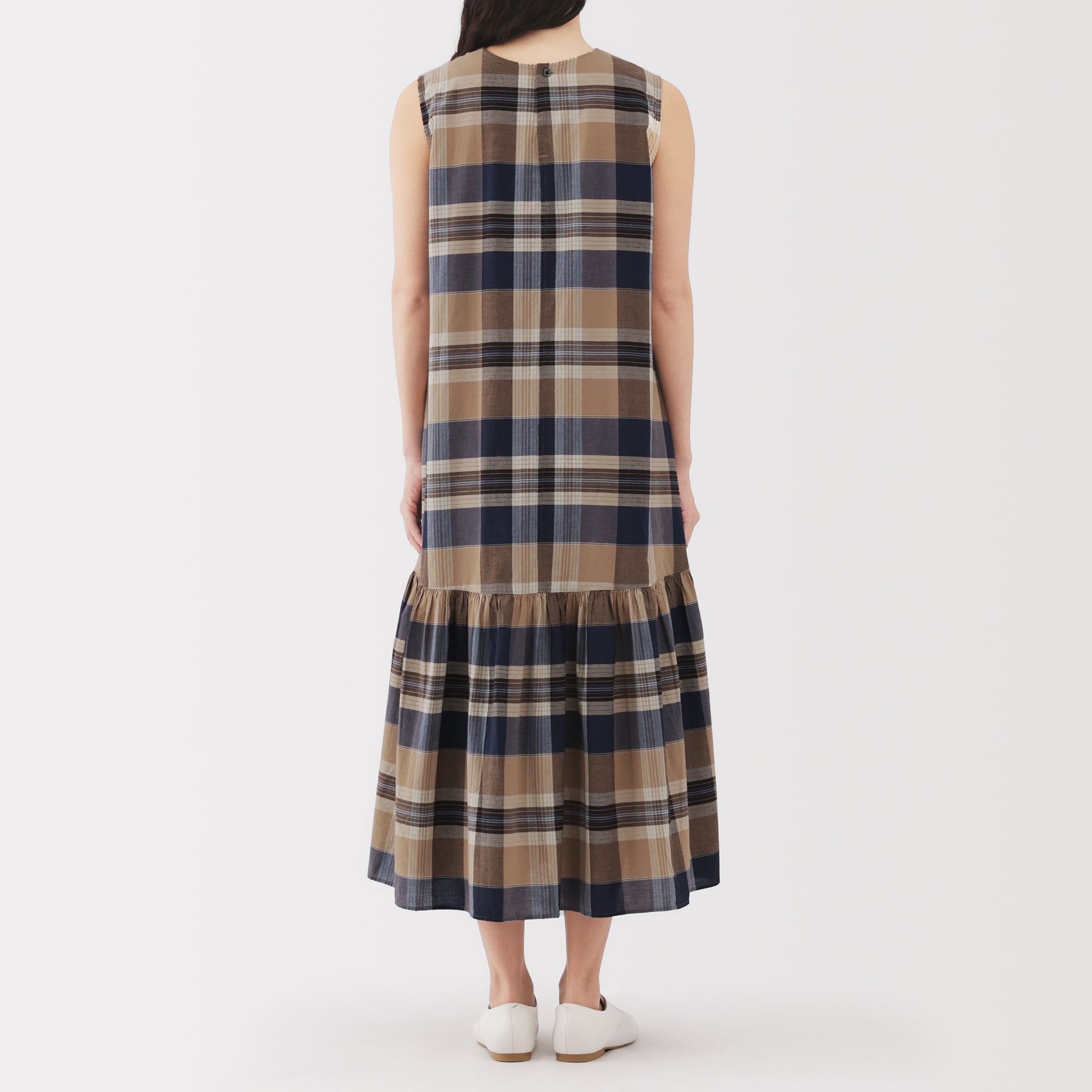 婦人　マドラスチェック　スリーブレスワンピース