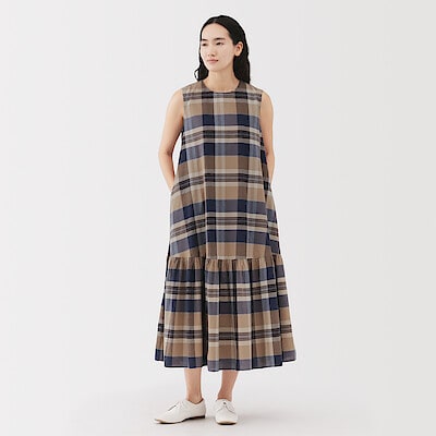 婦人　マドラスチェック　スリーブレスワンピース