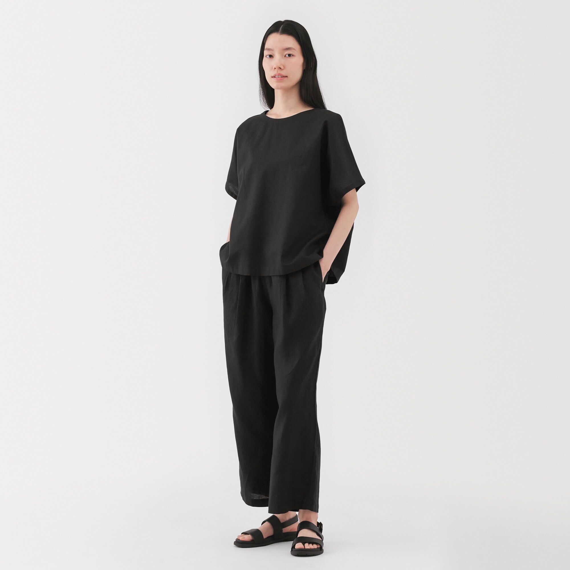 婦人　リネン　洗いざらしイージーワイドパンツ