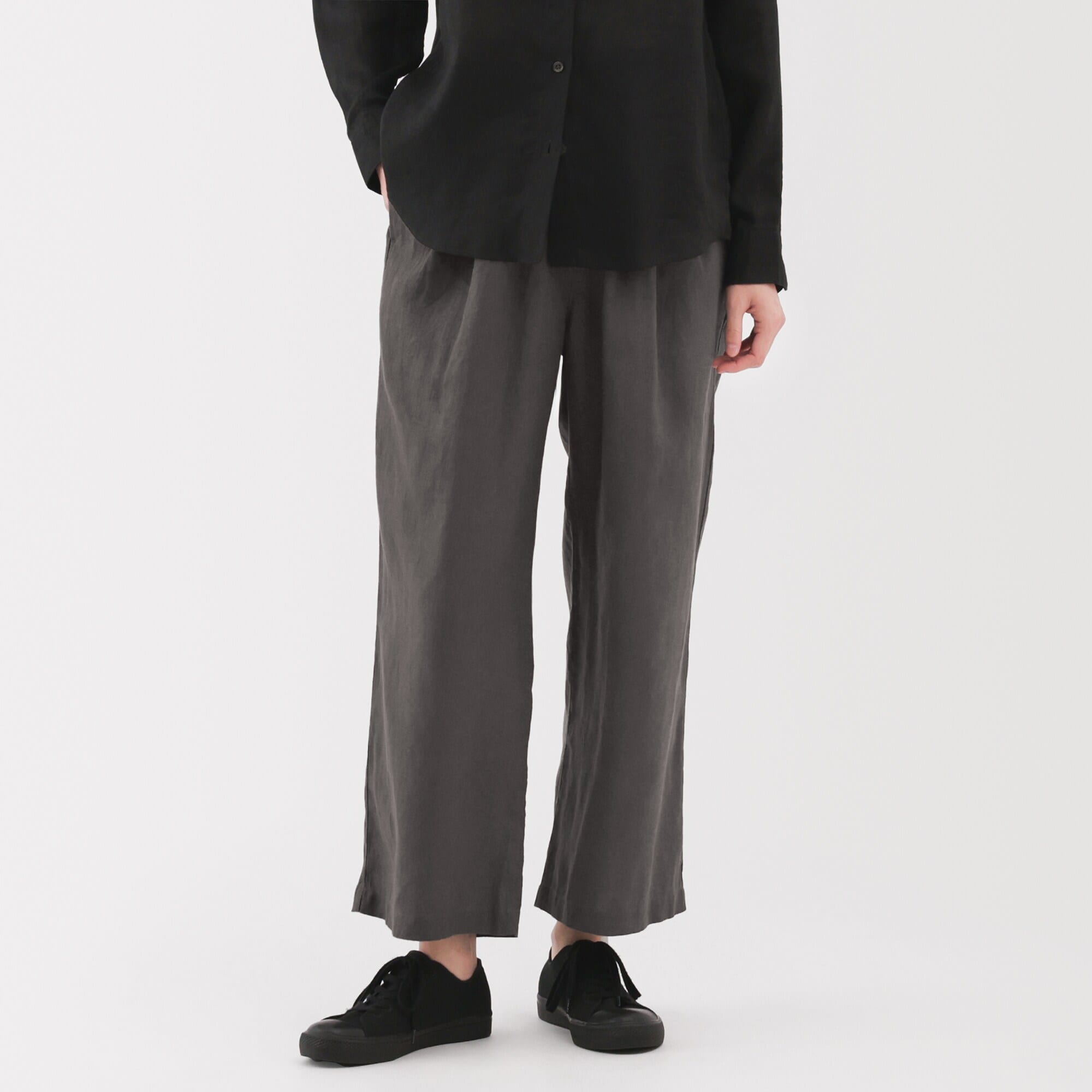 婦人　リネン　洗いざらしイージーワイドパンツ